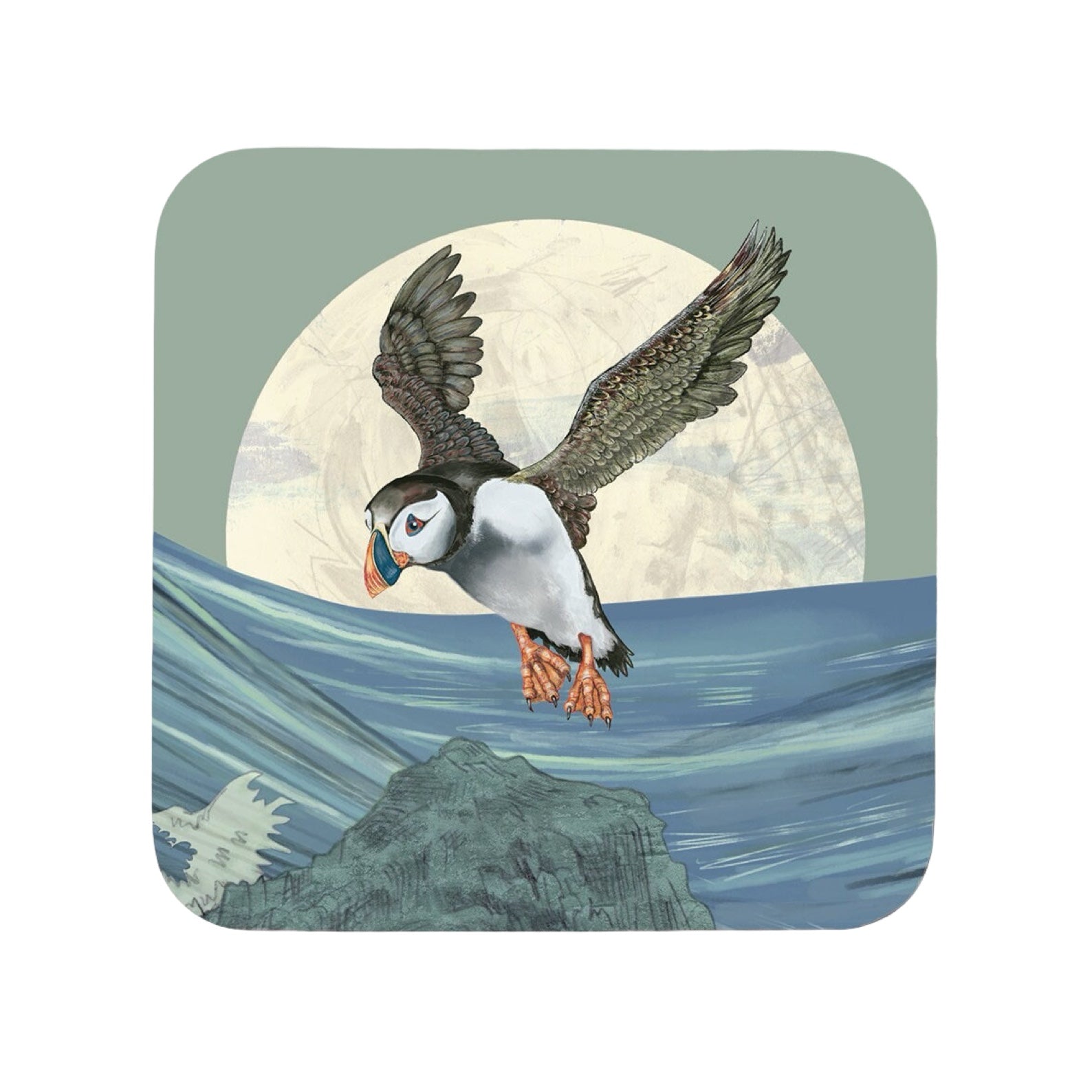 An image of a wooden coaster with a flying puffin design.