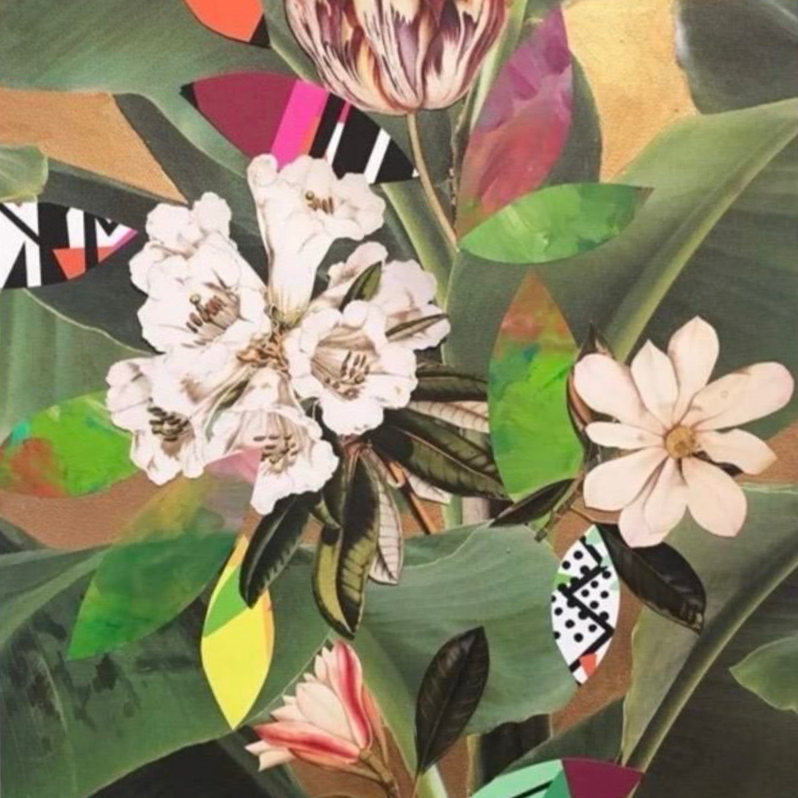Floral print featuring three single flowers in white surrounded by green and abstract coloured leaves.