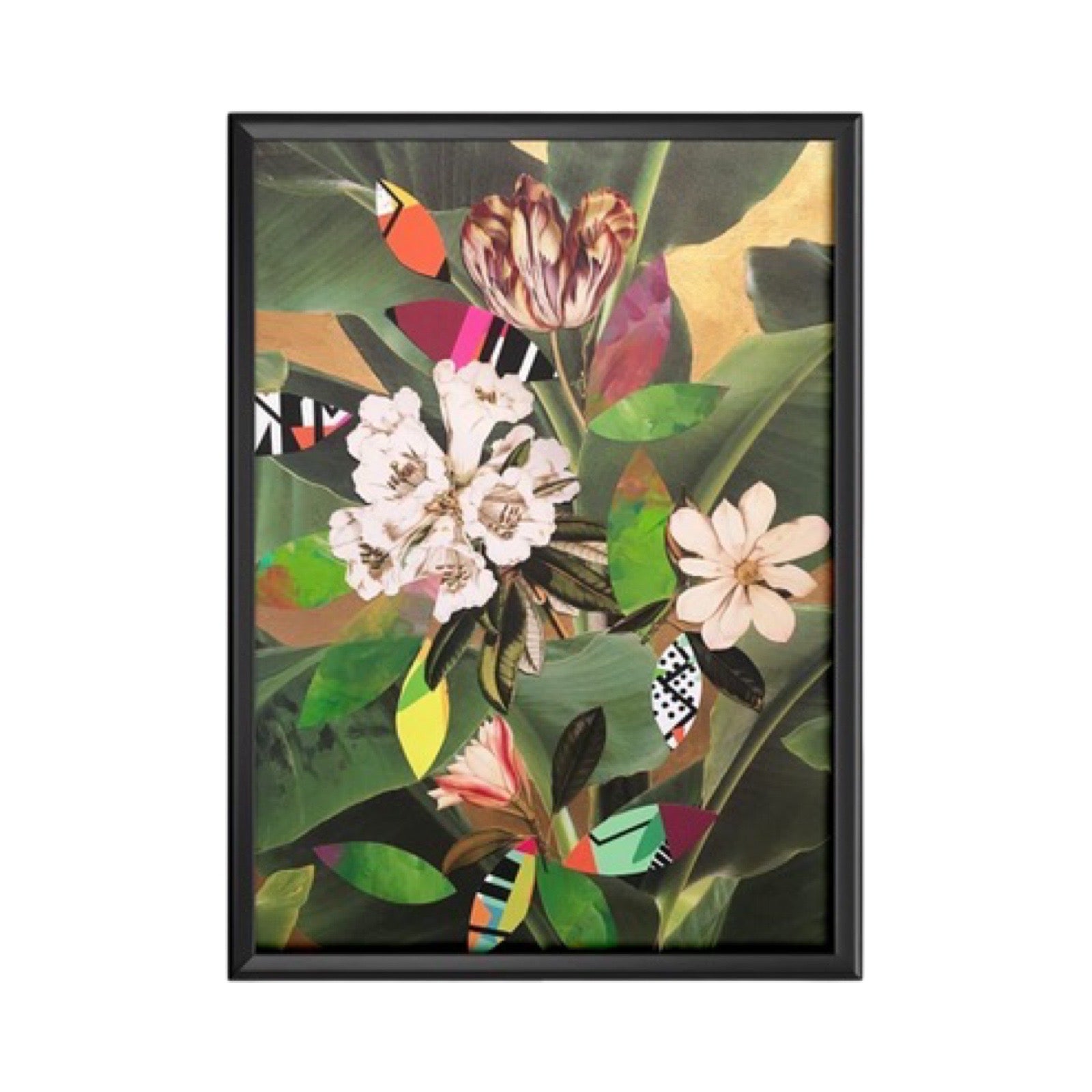 Floral print featuring three single flowers in white surrounded by green and abstract coloured leaves.