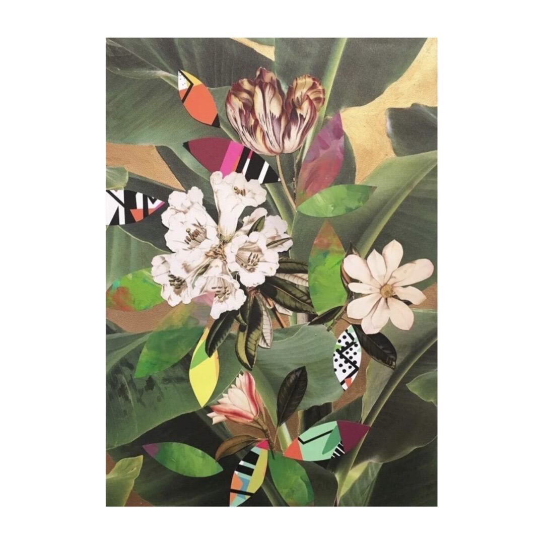 Floral print featuring three single flowers in white surrounded by green and abstract coloured leaves.
