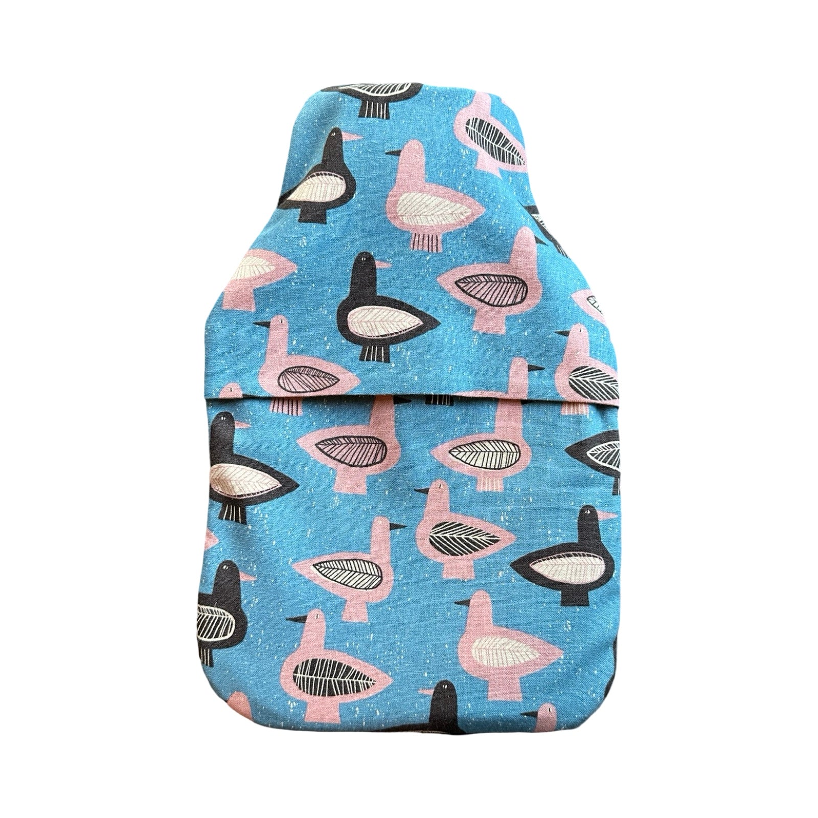 This hot water bottle cover is made from a layer of blue canvas on the outside with pink and black birds.