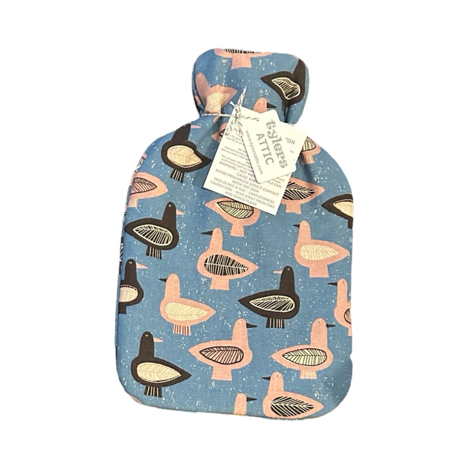 This hot water bottle cover is made from a layer of blue canvas on the outside with pink and black birds.
