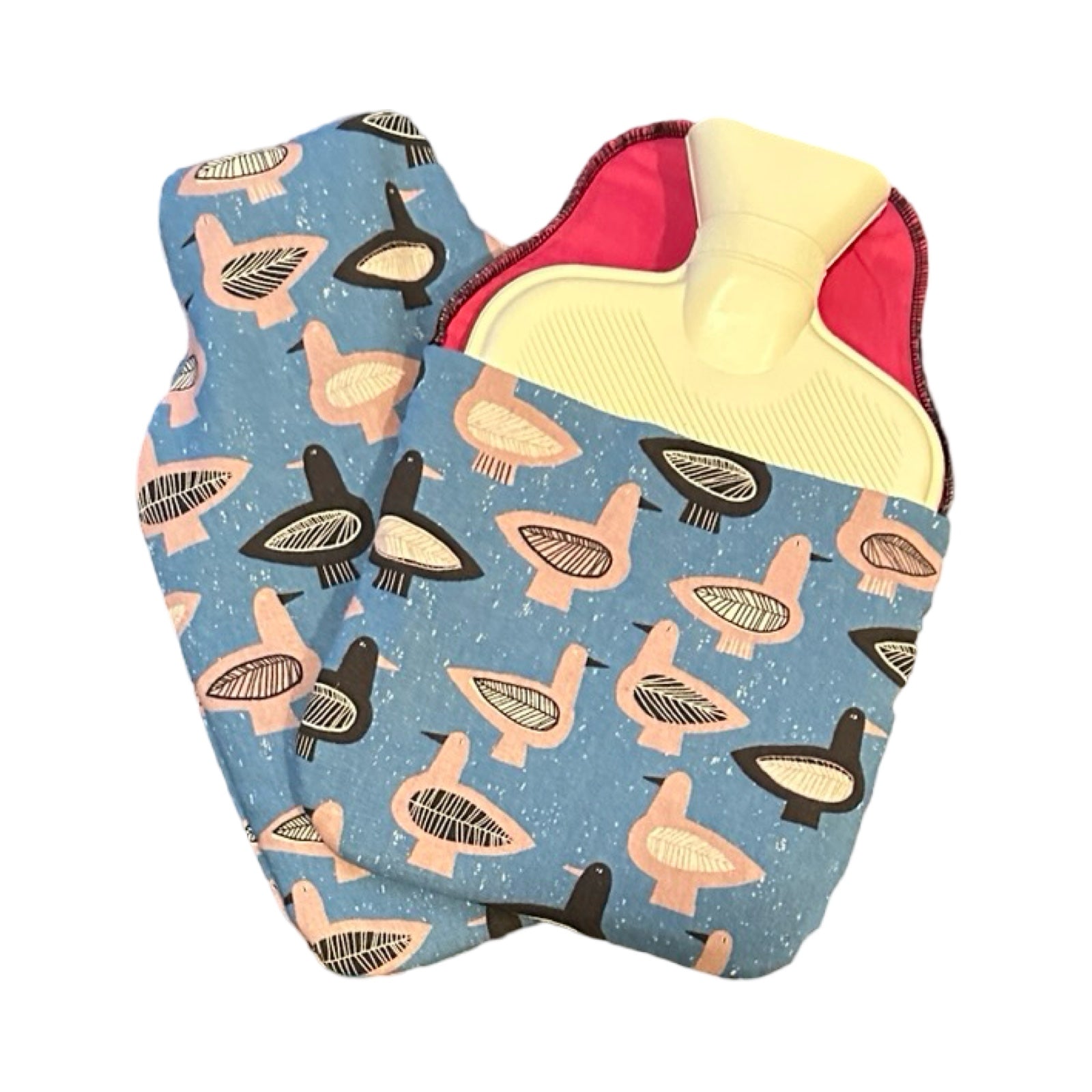 This hot water bottle cover is made from a layer of blue canvas on the outside with pink and black birds.