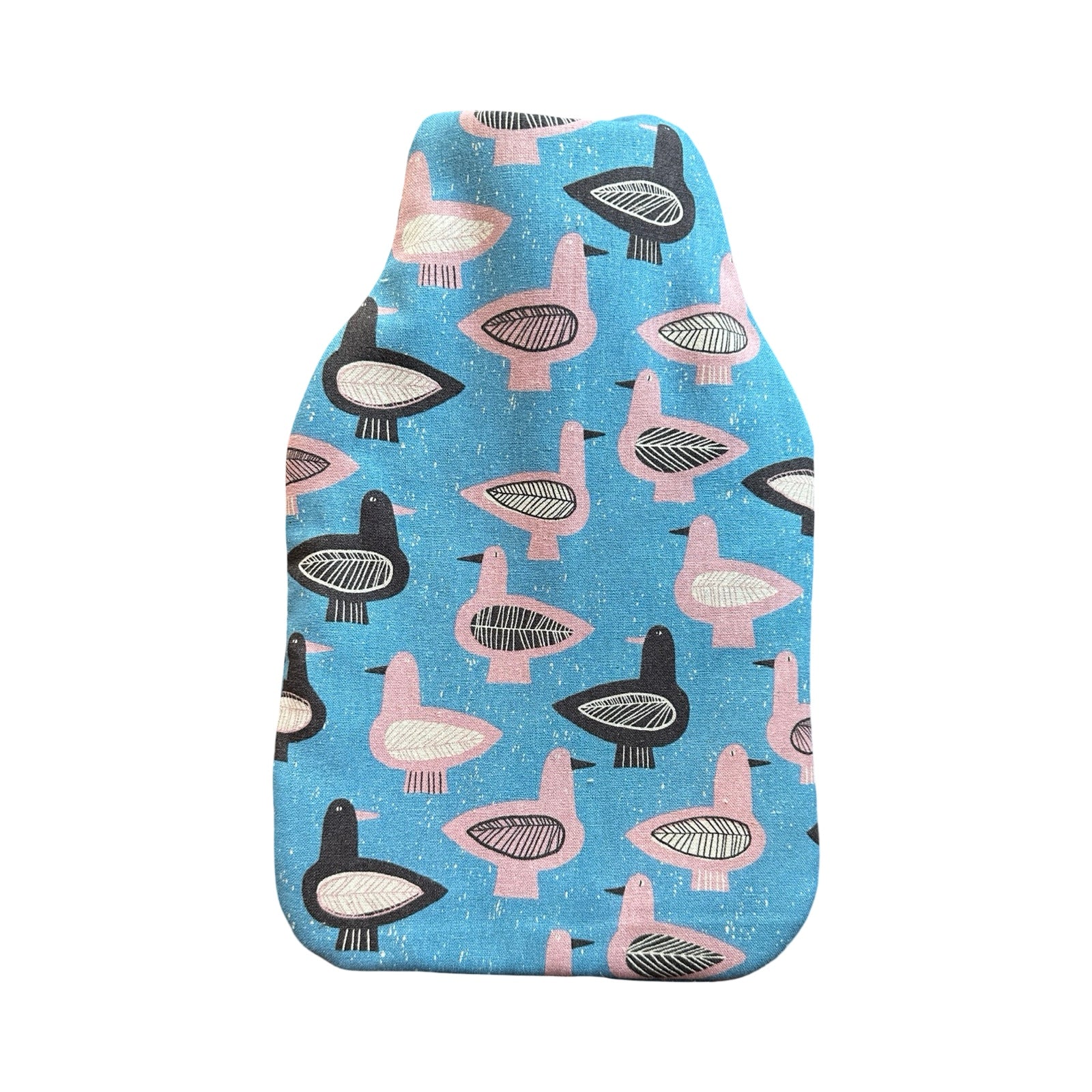 This hot water bottle cover is made from a layer of blue canvas on the outside with pink and black birds.