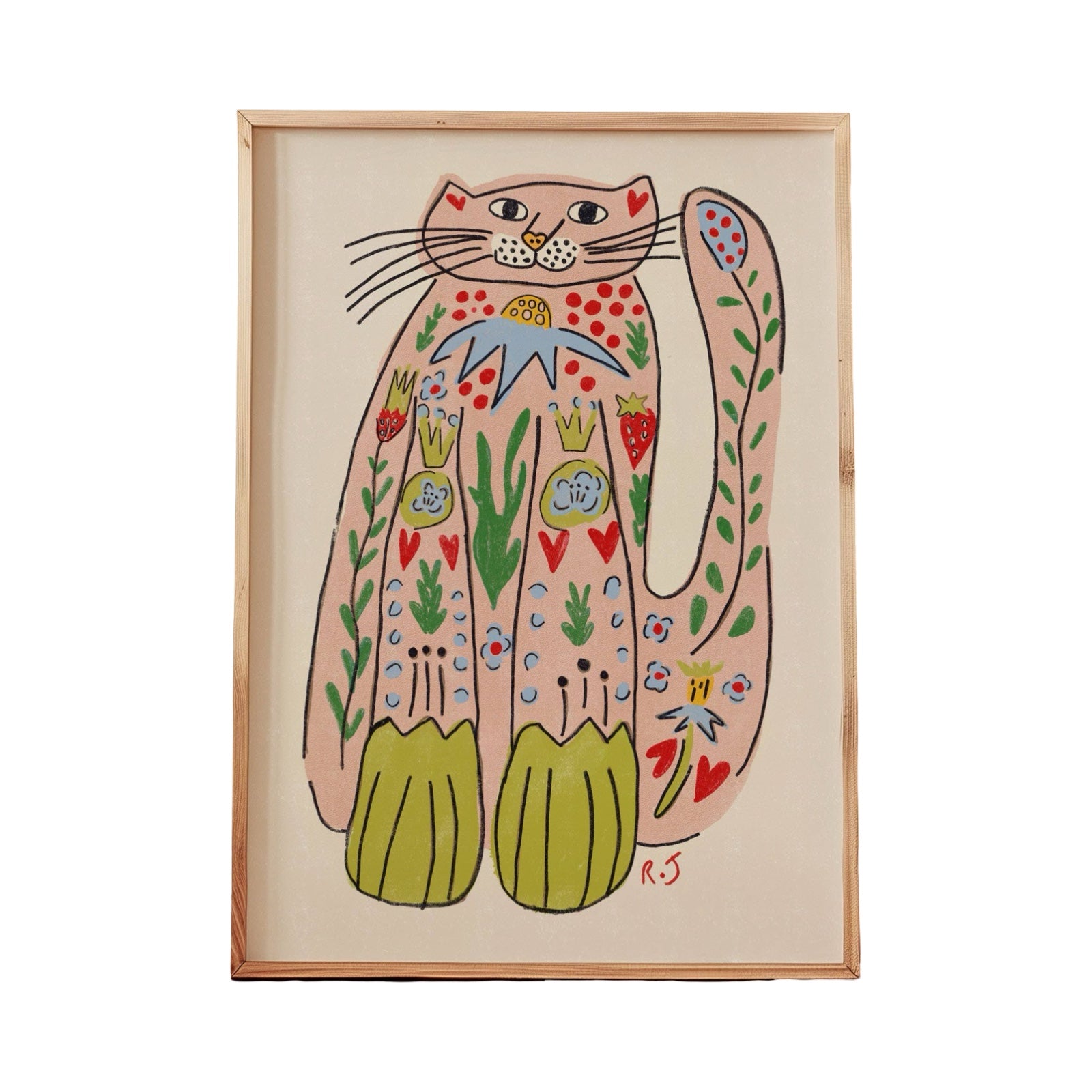 An art print featuring a gorgeous folk-inspired pink cat, covered in colourful flowers. 