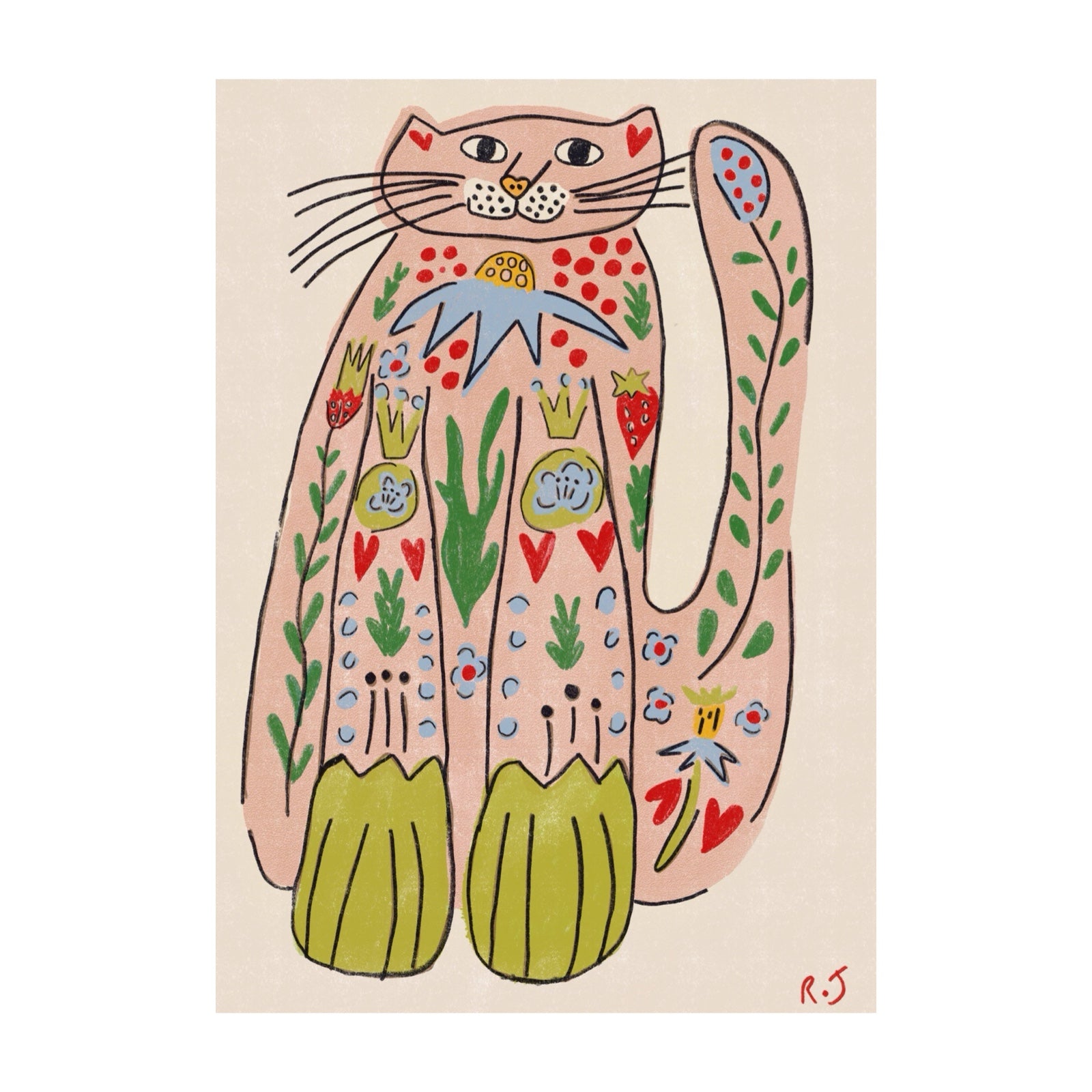 An art print featuring a gorgeous folk-inspired pink cat, covered in colourful flowers. 