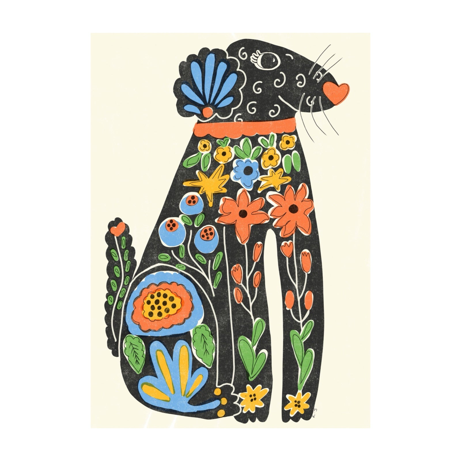 An art print featuring a gorgeous folk-inspired black dog, covered in colourful flowers.