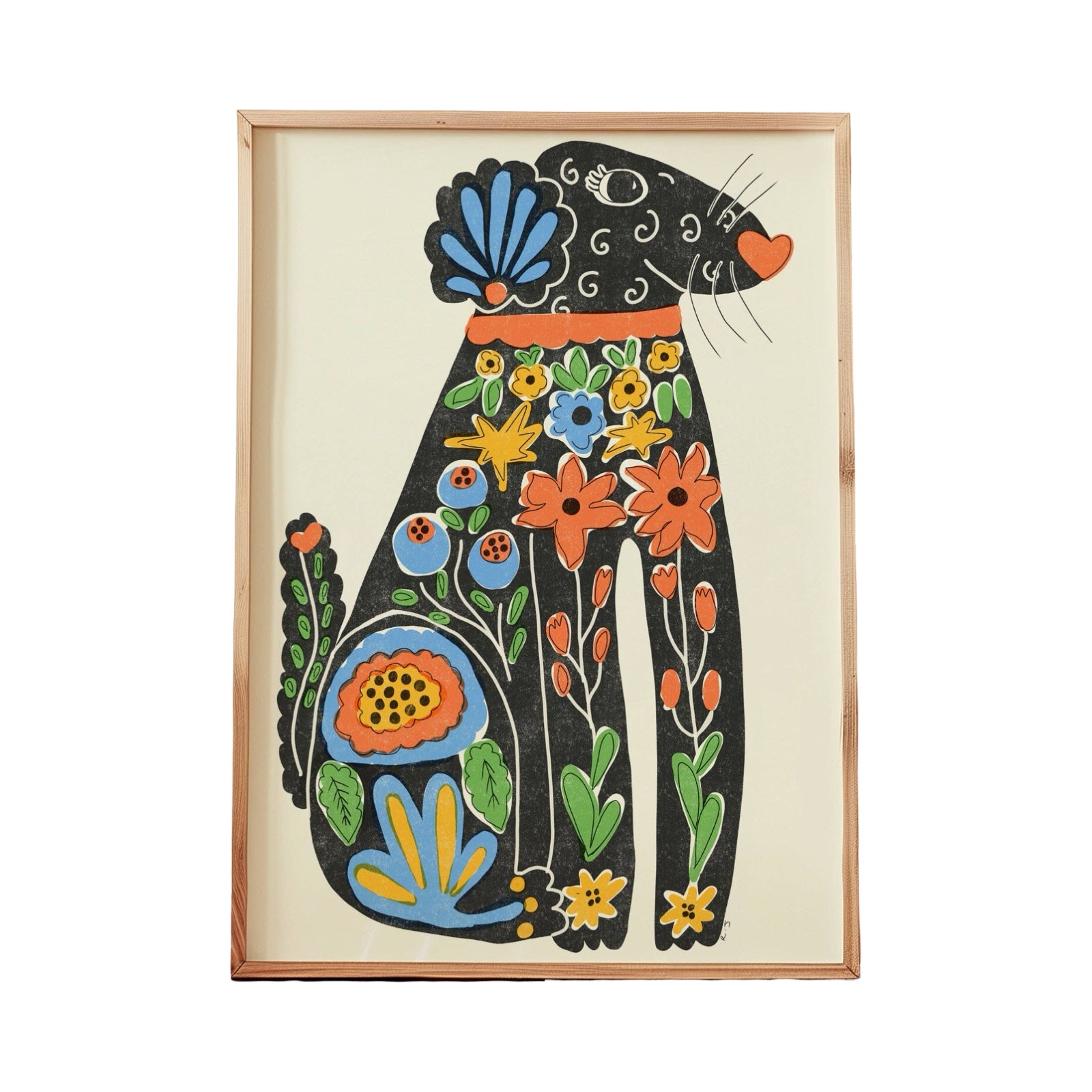 An art print featuring a gorgeous folk-inspired black dog, covered in colourful flowers.