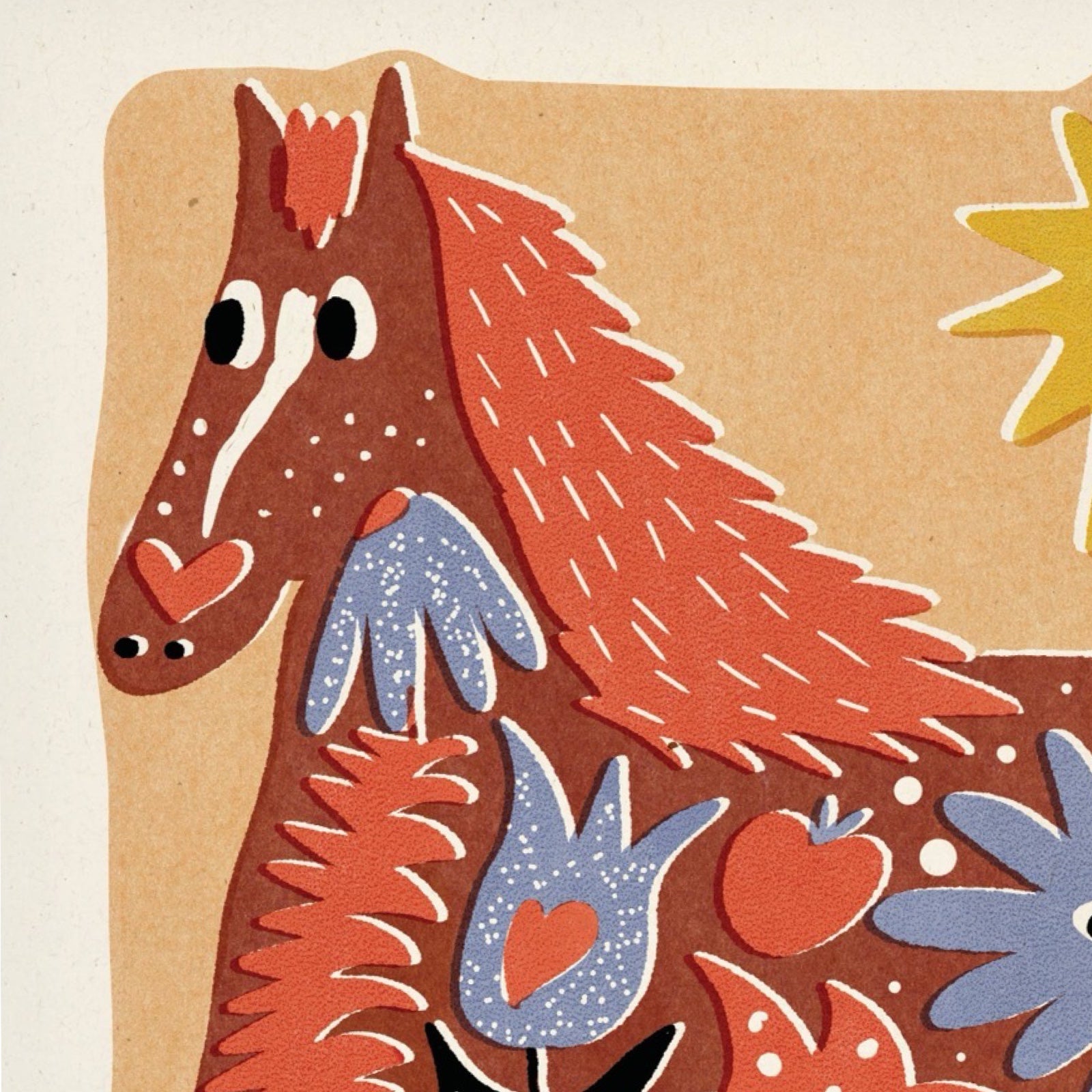 Illustration of a horse with floral elements on a beige background.