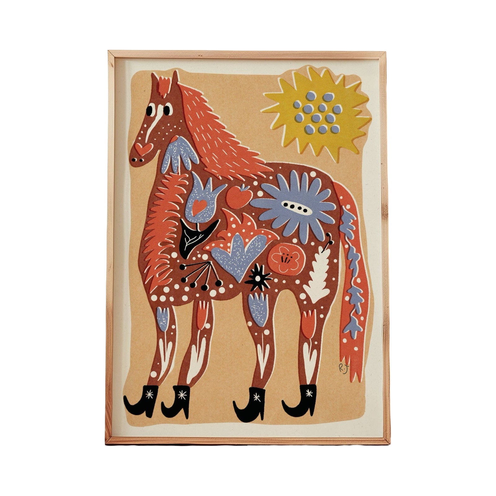 Framed artwork of a stylised horse with floral patterns on a beige background.