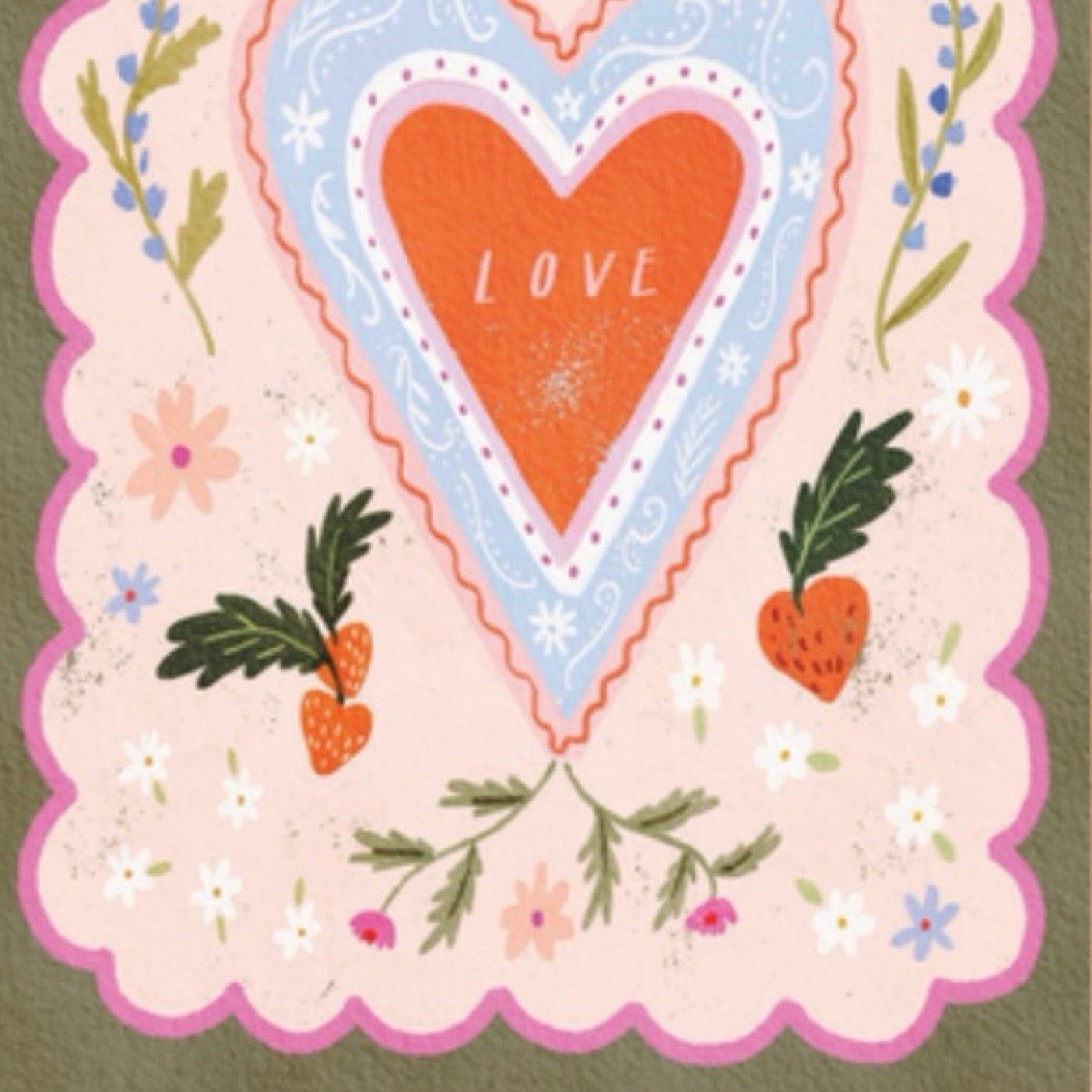A decorative card with a scalloped pink border, featuring a large central orange heart outlined in white and light blue, with the word LOVE inside. The design includes small flowers, green leaves, and orange berries on a pale pink background.
