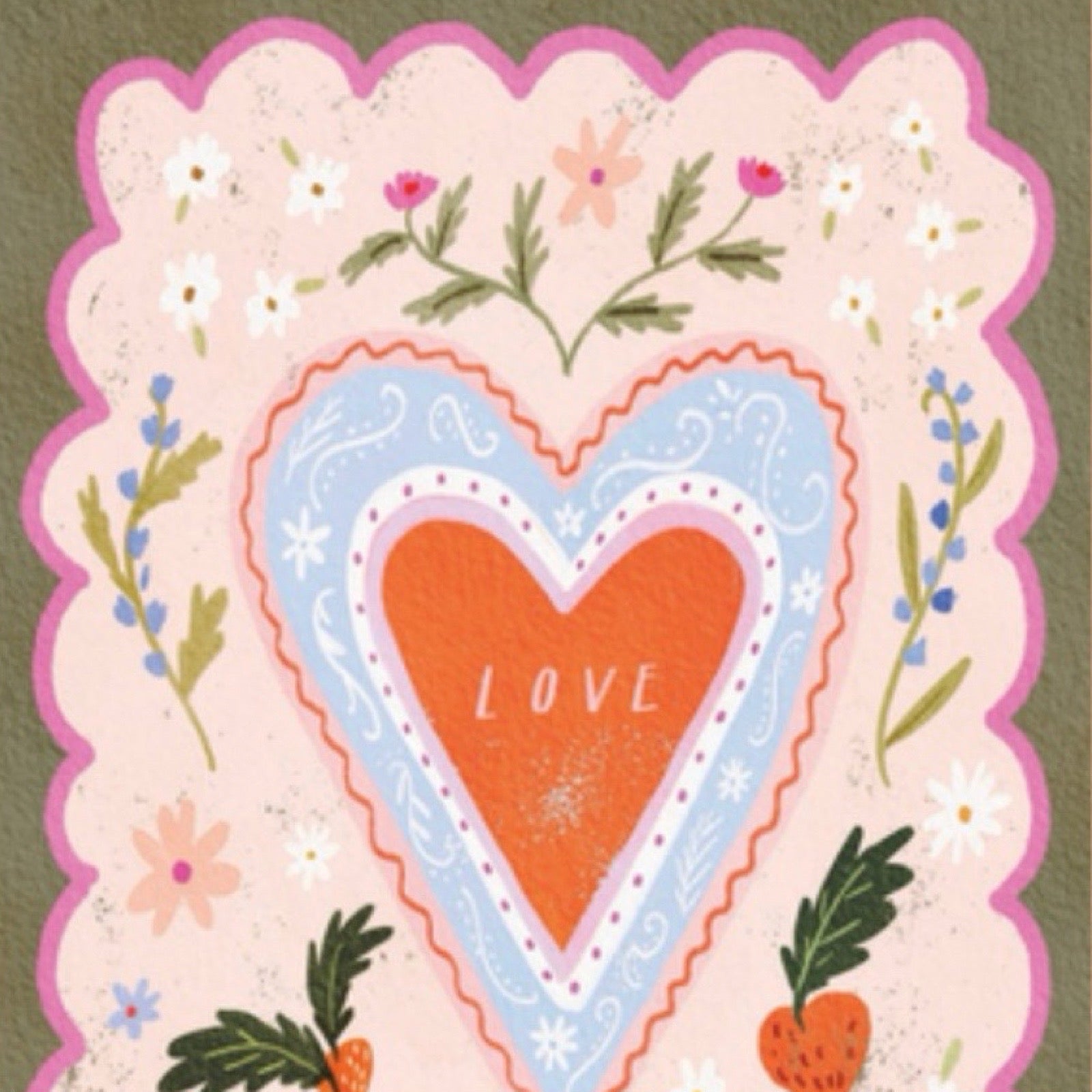 A decorative card featuring a layered heart design with the word 'LOVE' in the centre, surrounded by floral and botanical illustrations on a scalloped pink border.