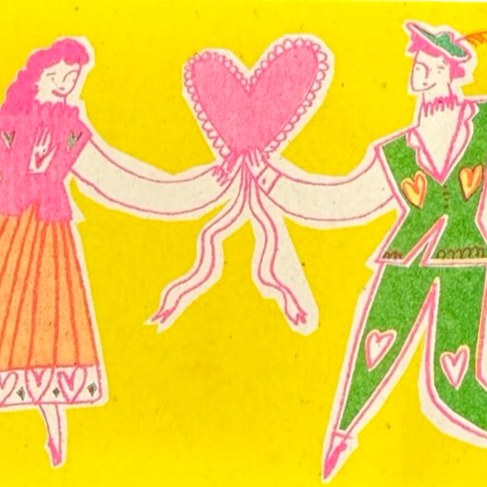 Mini print featuring an illustration of a couple, drawn in a folk style, holding hands with a pink heart balloon.