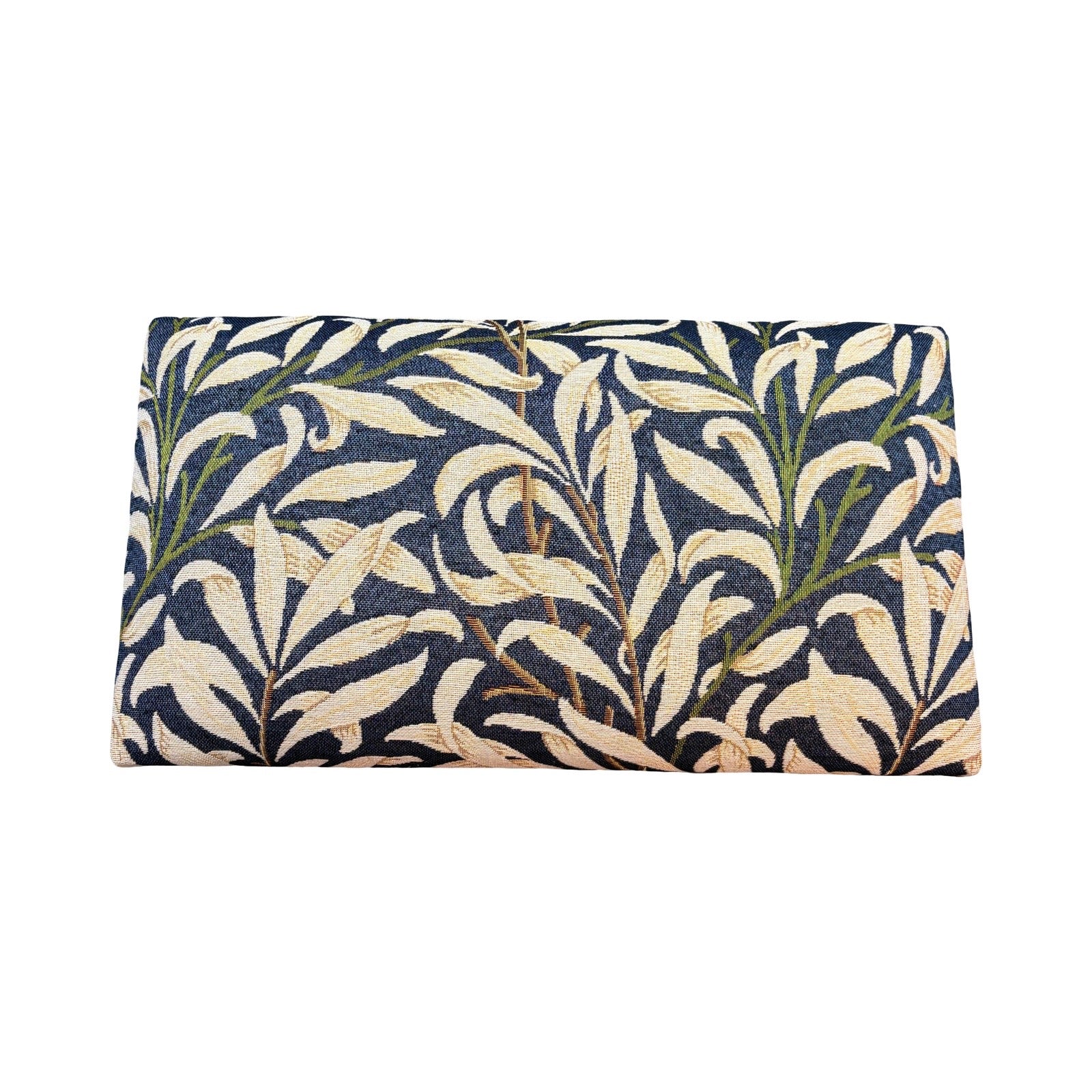 A beautiful hand crafted footstool covered William Morris Willow Bough tapestry style fabric. The fabric features cream leaves on a navy blue background and the footstool has mahogany stained legs.