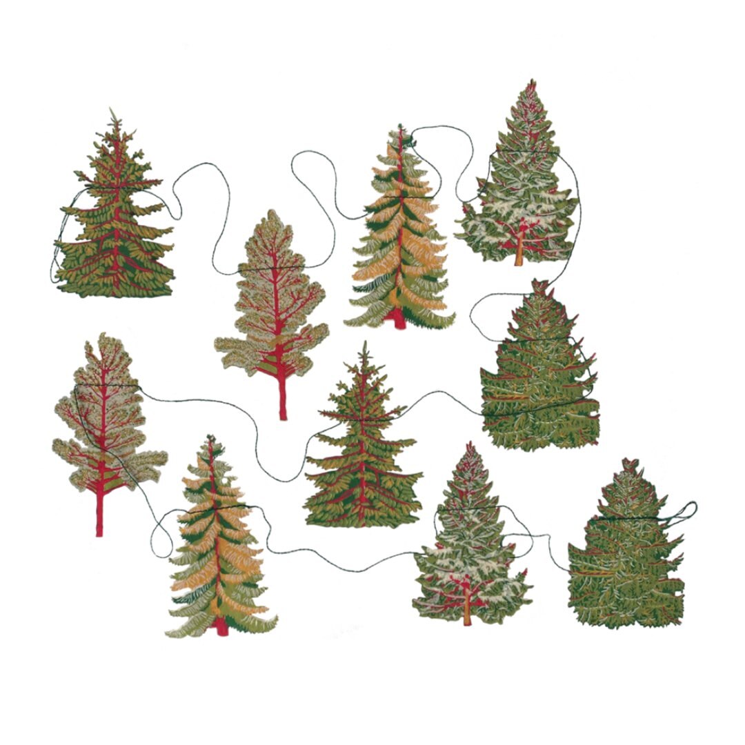 Forest paper garland, featuring ten screen-printed trees, 3m in length