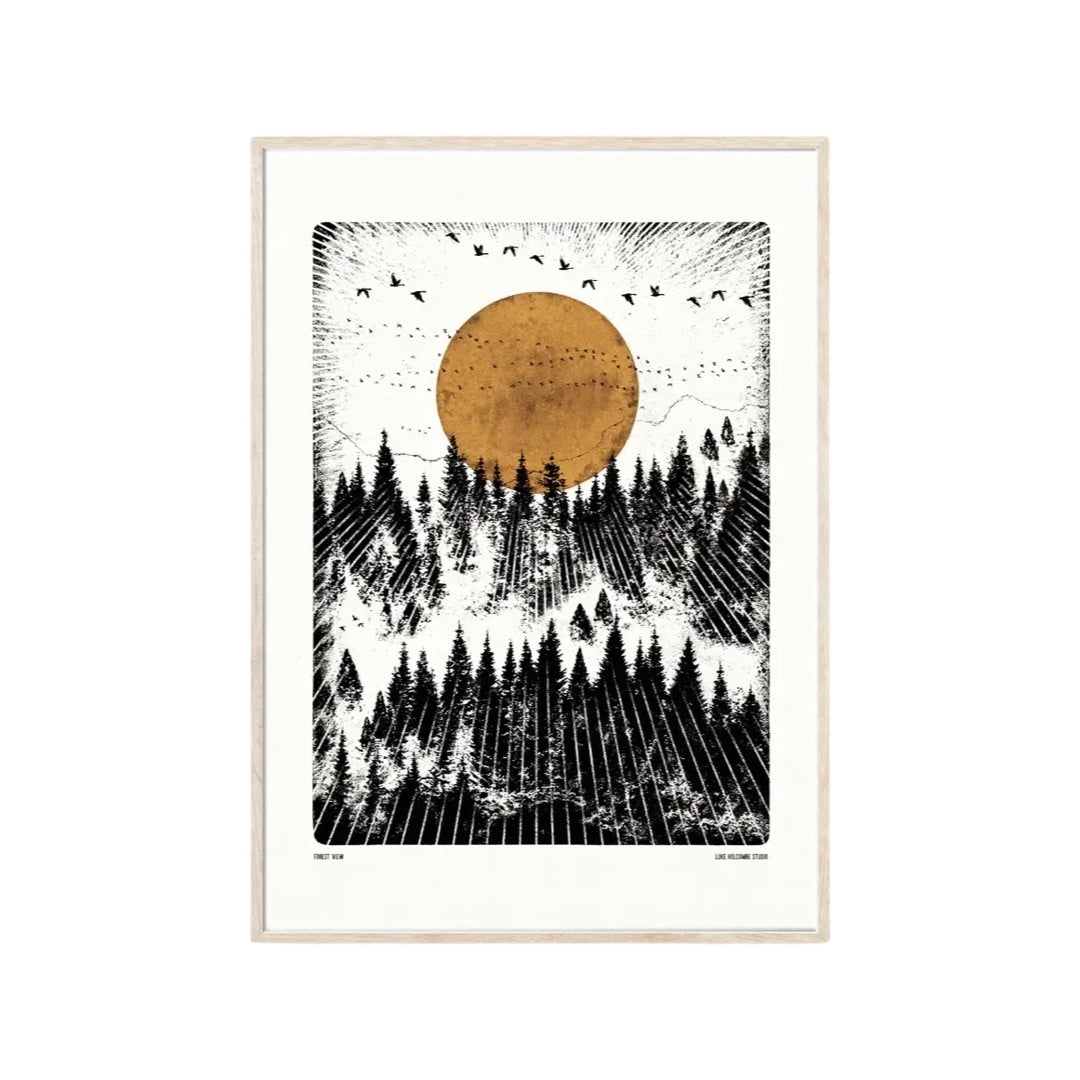 Black and white print featuring a forest in the winter, with a mustard-coloured moon in the sky and flying birds.