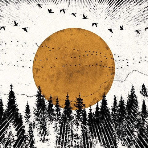 Black and white print featuring a forest in the winter, with a mustard-coloured moon in the sky and flying birds.