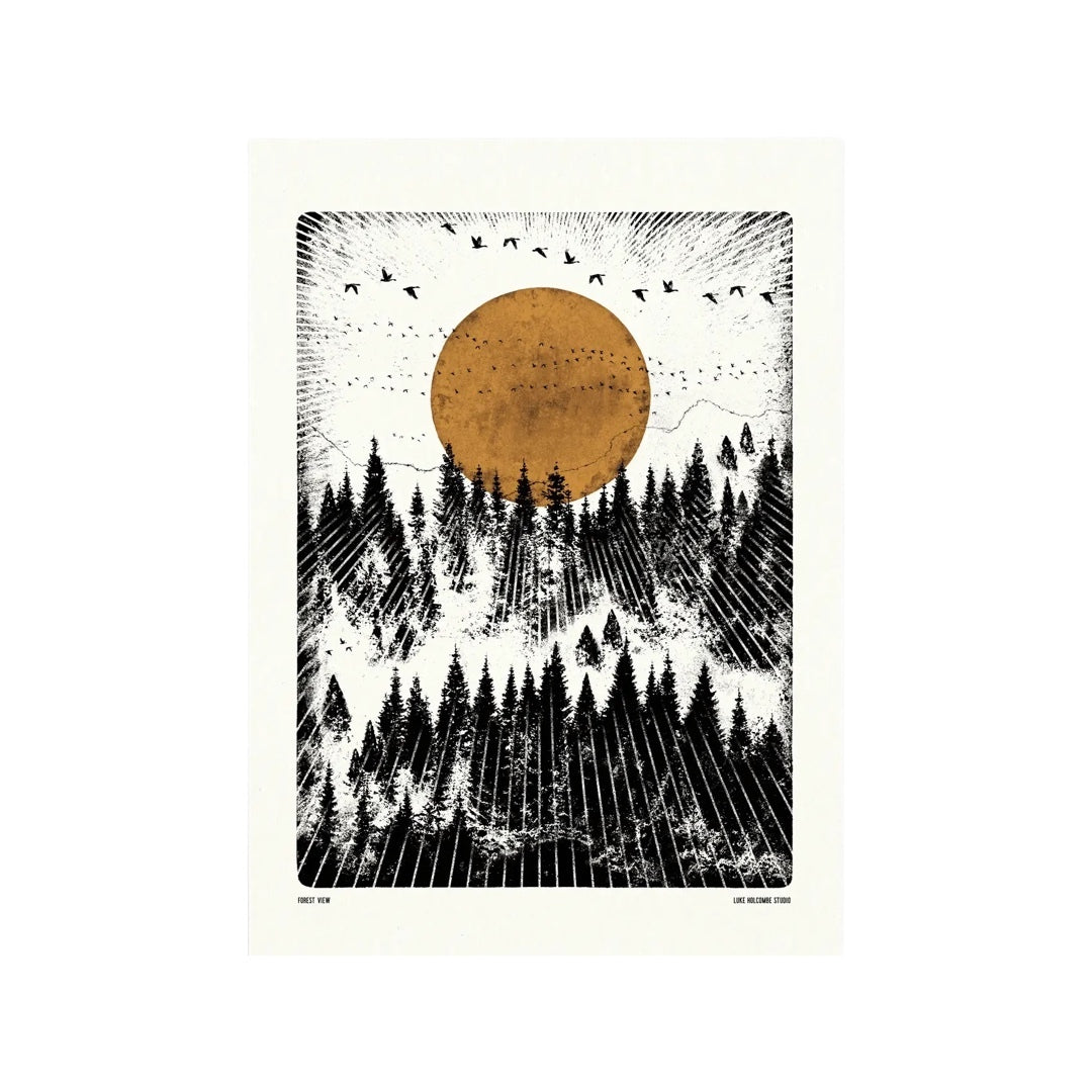 Black and white print featuring a forest in the winter, with a mustard-coloured moon in the sky and flying birds.