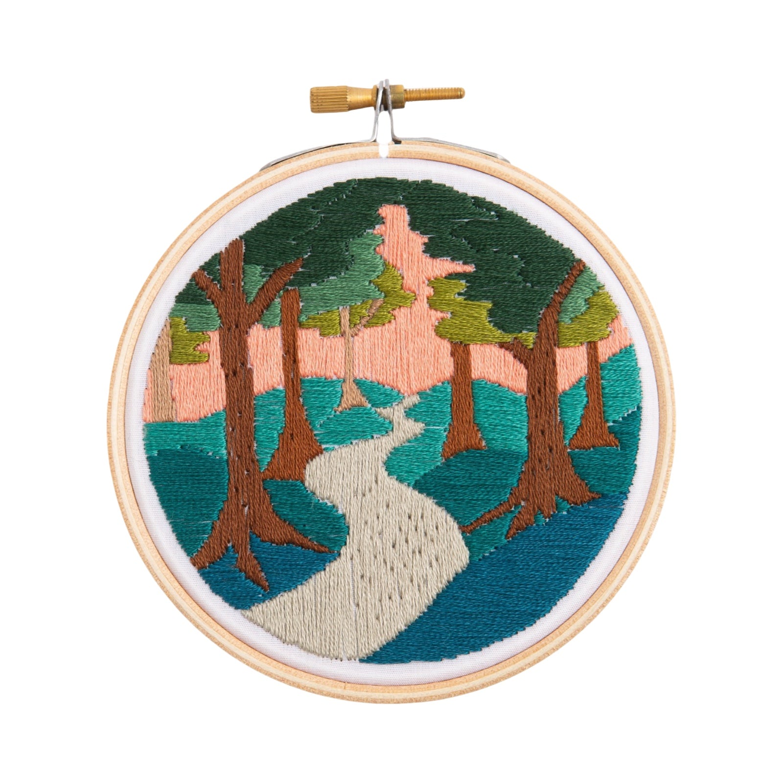 Embroidered forest walk landscape in autumnal shades.