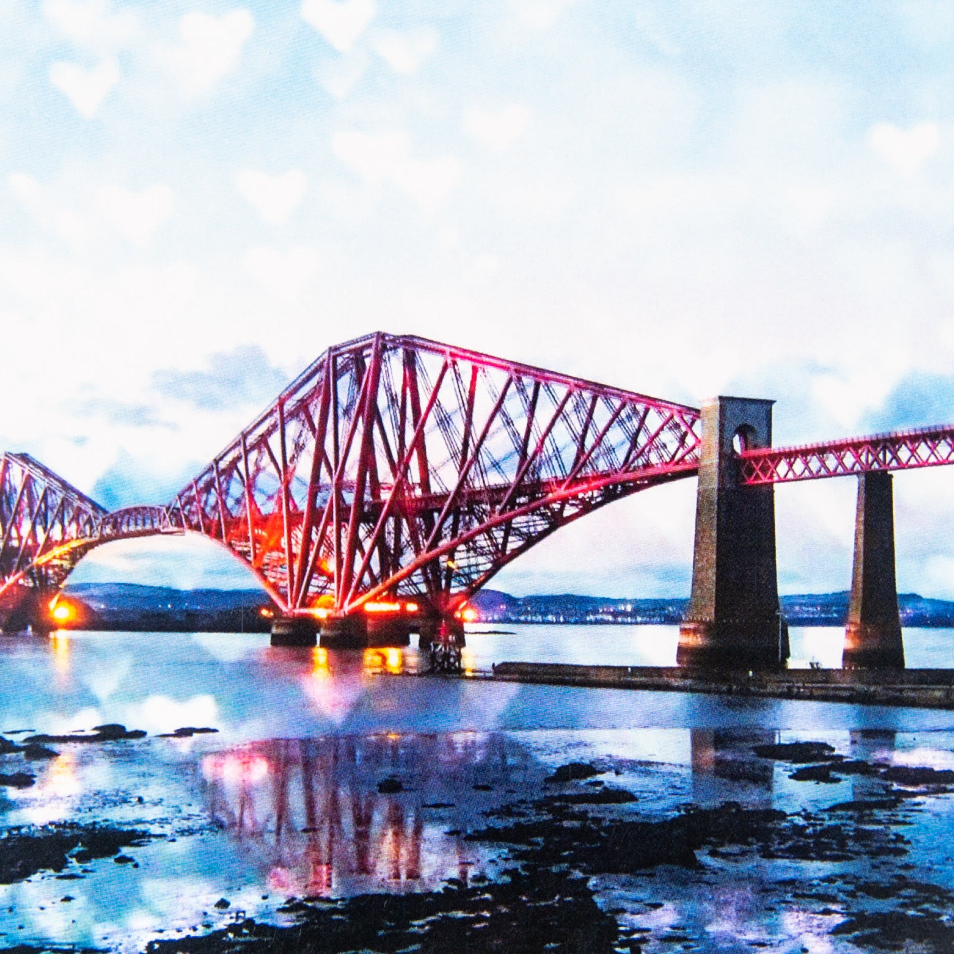 A greeting card featuring the Forth Bridge with a sky of love hearts