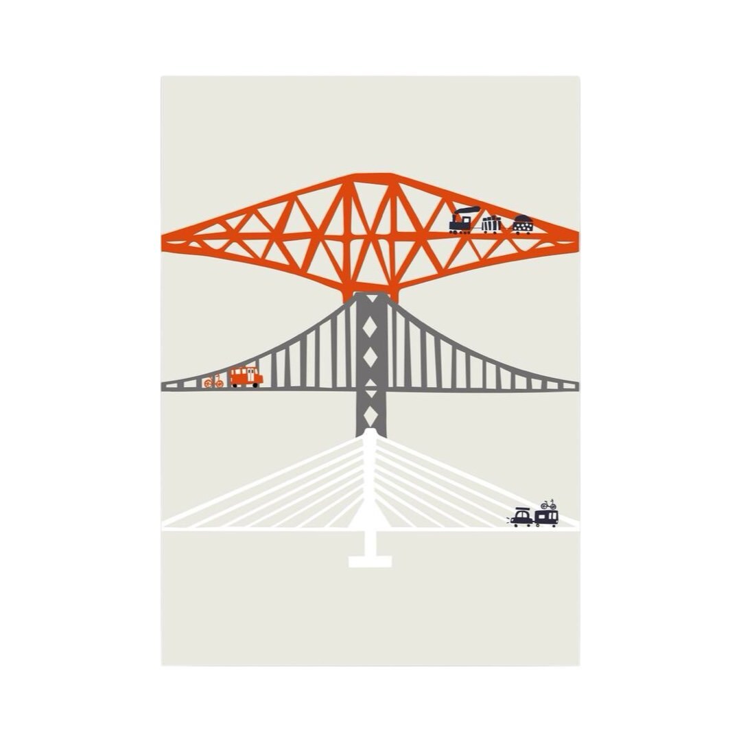 A print featuring an illustration of the 3 iconic Forth Bridges, the Forth Rail Bridge, the Forth Road Bridge and the Queensferry Crossing in daylight.
