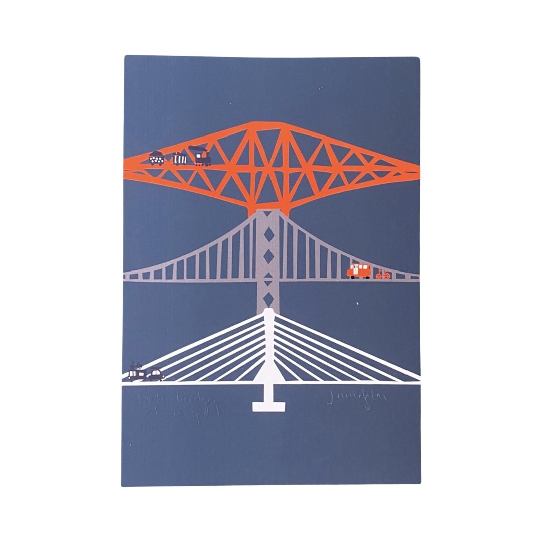 A print featuring an illustration of the 3 iconic Forth Bridges, the Forth Rail Bridge, the Forth Road Bridge and the Queensferry Crossing at night.
