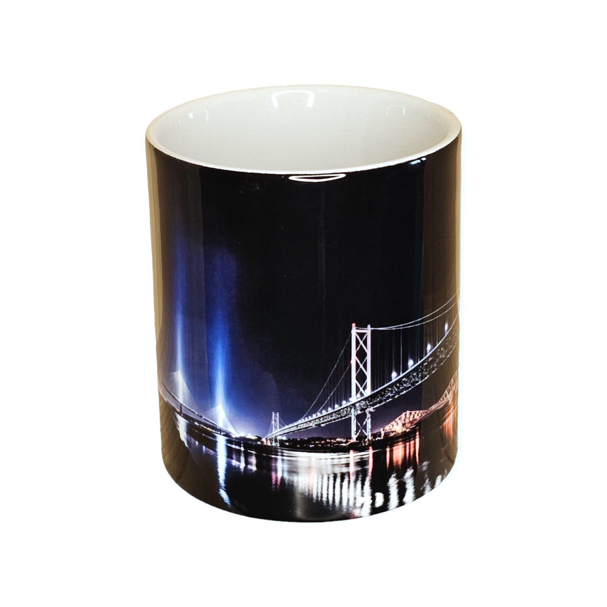 An image of a mug featuring the three bridges of the Forth. 