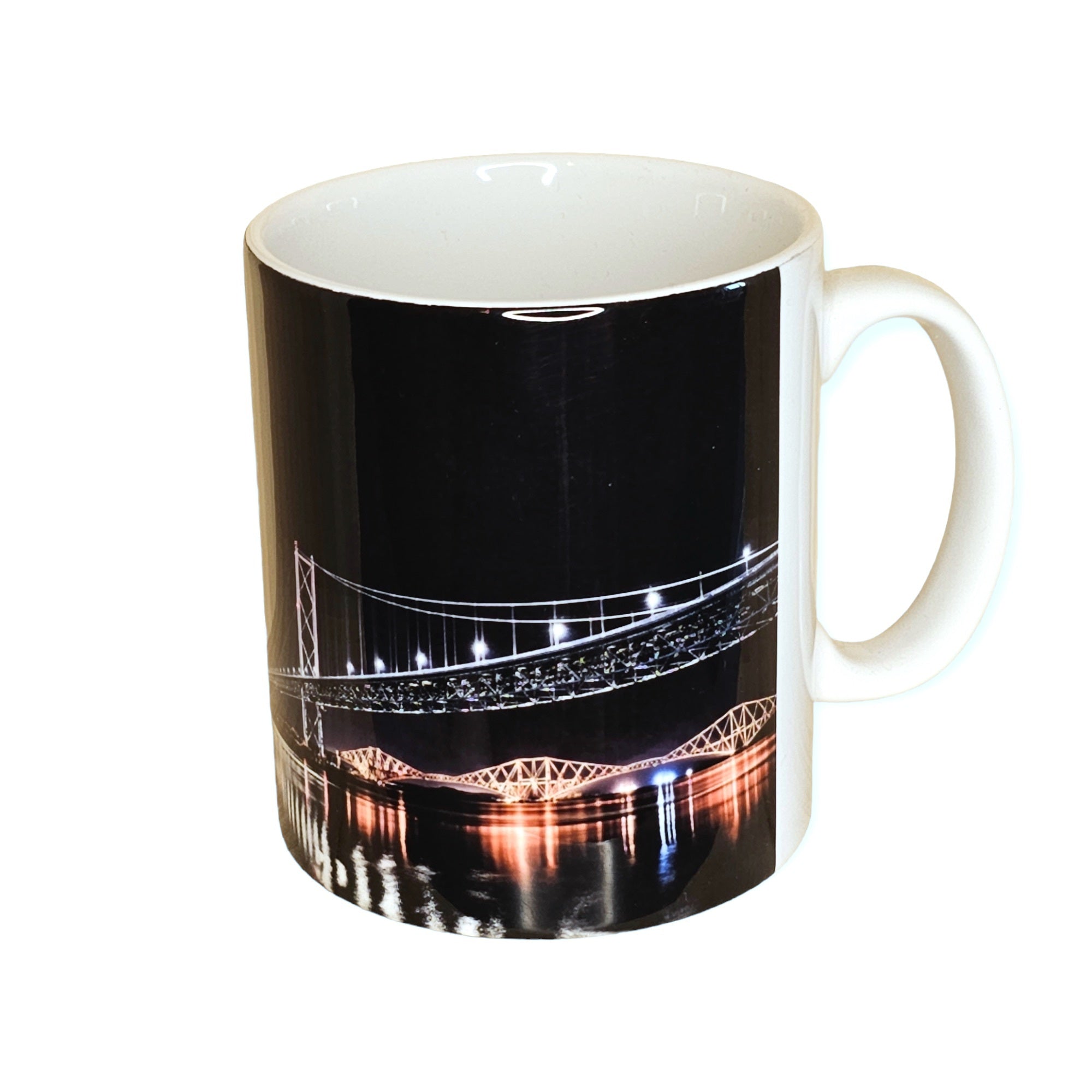 An image of a mug featuring the three bridges of the Forth. 