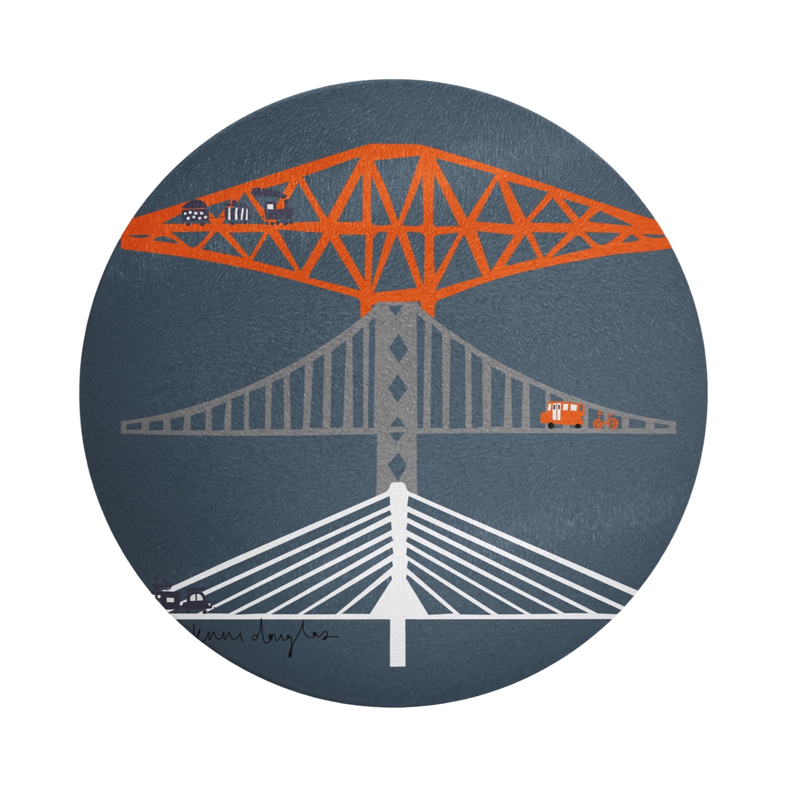 A round navy glass trivet with an abstract illustration of the three famous Forth Bridges, The Forth Rail Bridge, The Forth Road Bridge and The Queensferry Crossing.