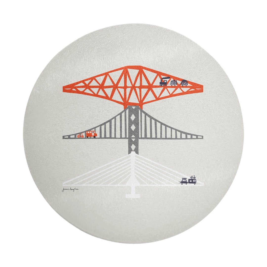 A round white glass trivet with an abstract illustration of the three famous Forth Bridges, The Forth Rail Bridge, The Forth Road Bridge and The Queensferry Crossing.