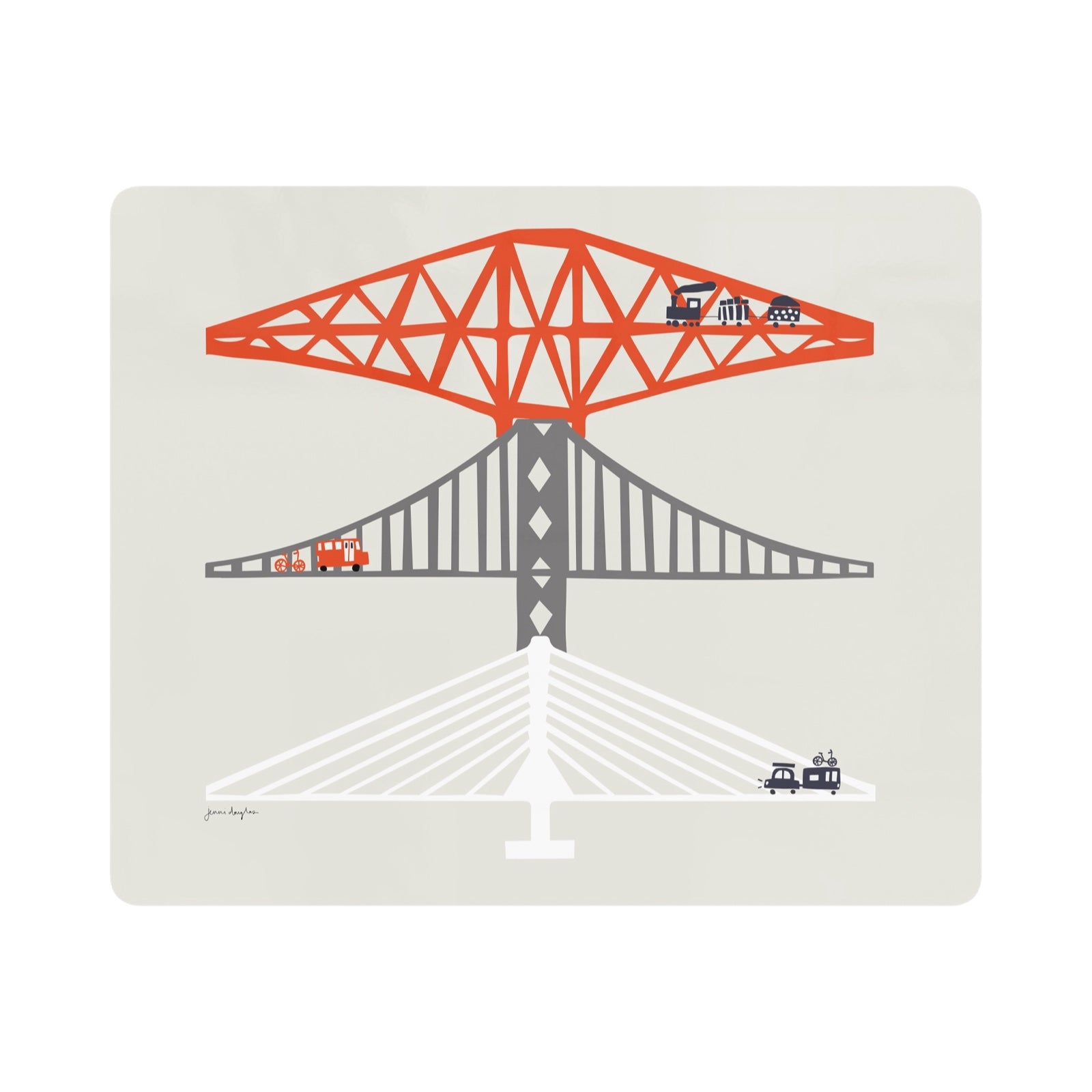 A light grey rectangular placemat featuring an abstract illustration of the three famous Forth Bridges, The Forth Rail Bridge, The Forth Road Bridge and The Queensferry Crossing.