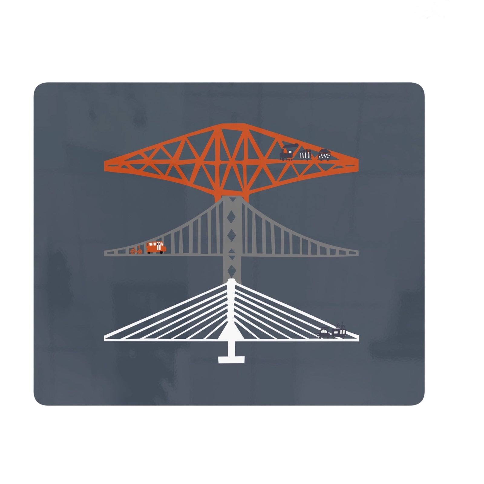 A navy rectangular placemat featuring an abstract illustration of the three famous Forth Bridges, The Forth Rail Bridge, The Forth Road Bridge and The Queensferry Crossing.