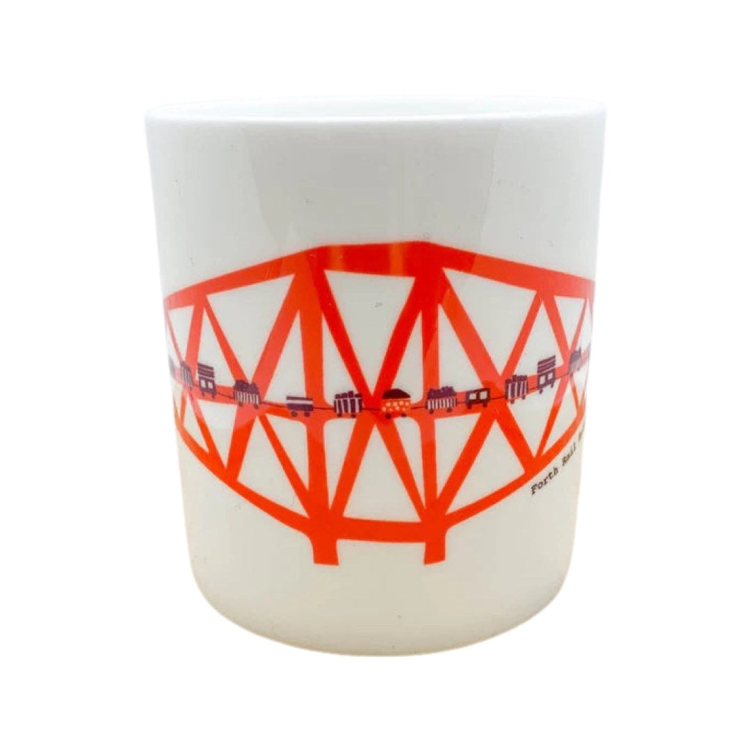 A bone china mug with a wraparound design of the Forth Rail Bridge.