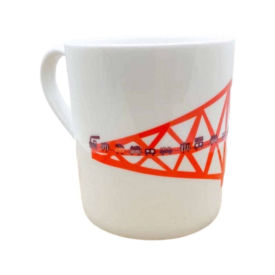 A bone china mug with a wraparound design of the Forth Rail Bridge.