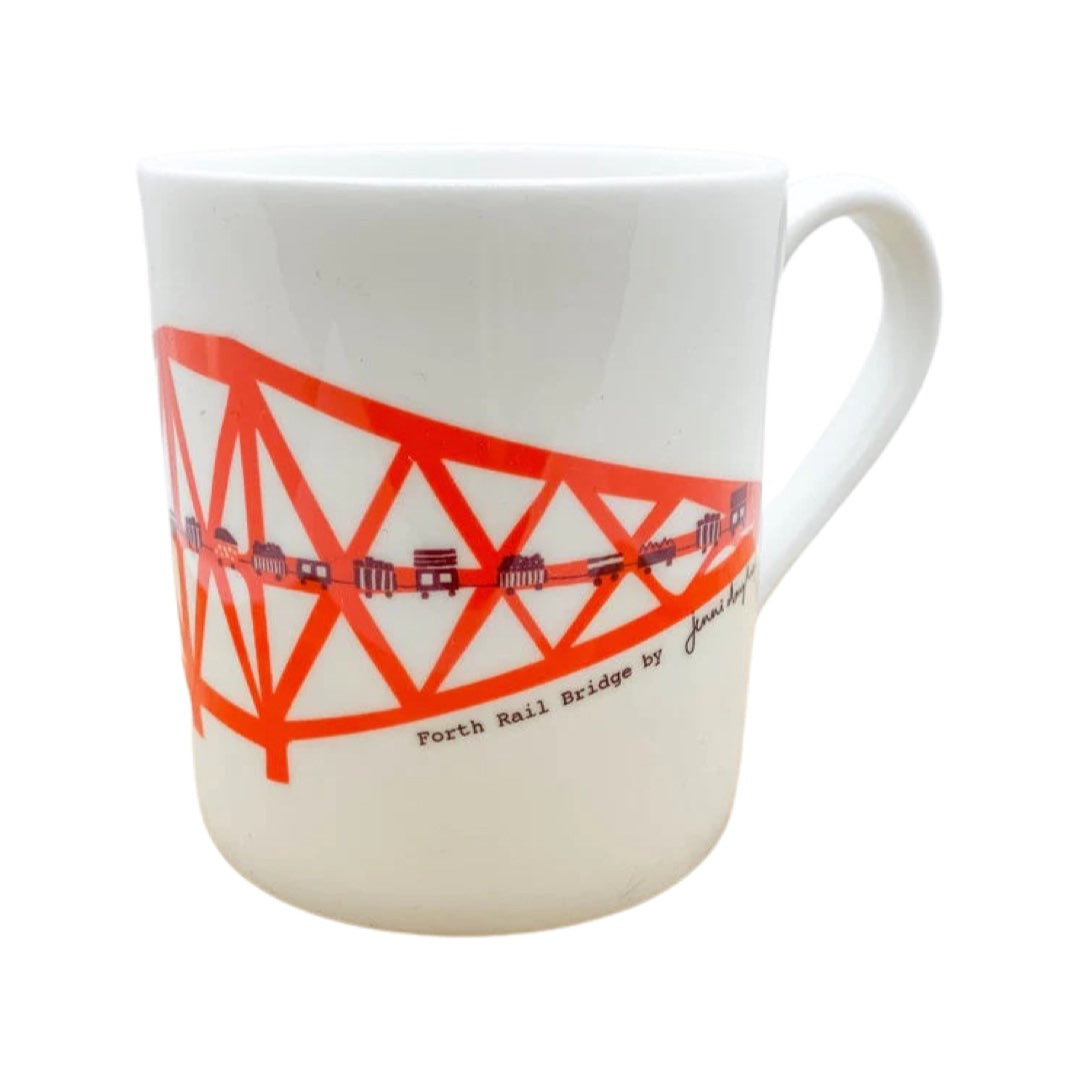 A bone china mug with a wraparound design of the Forth Rail Bridge.