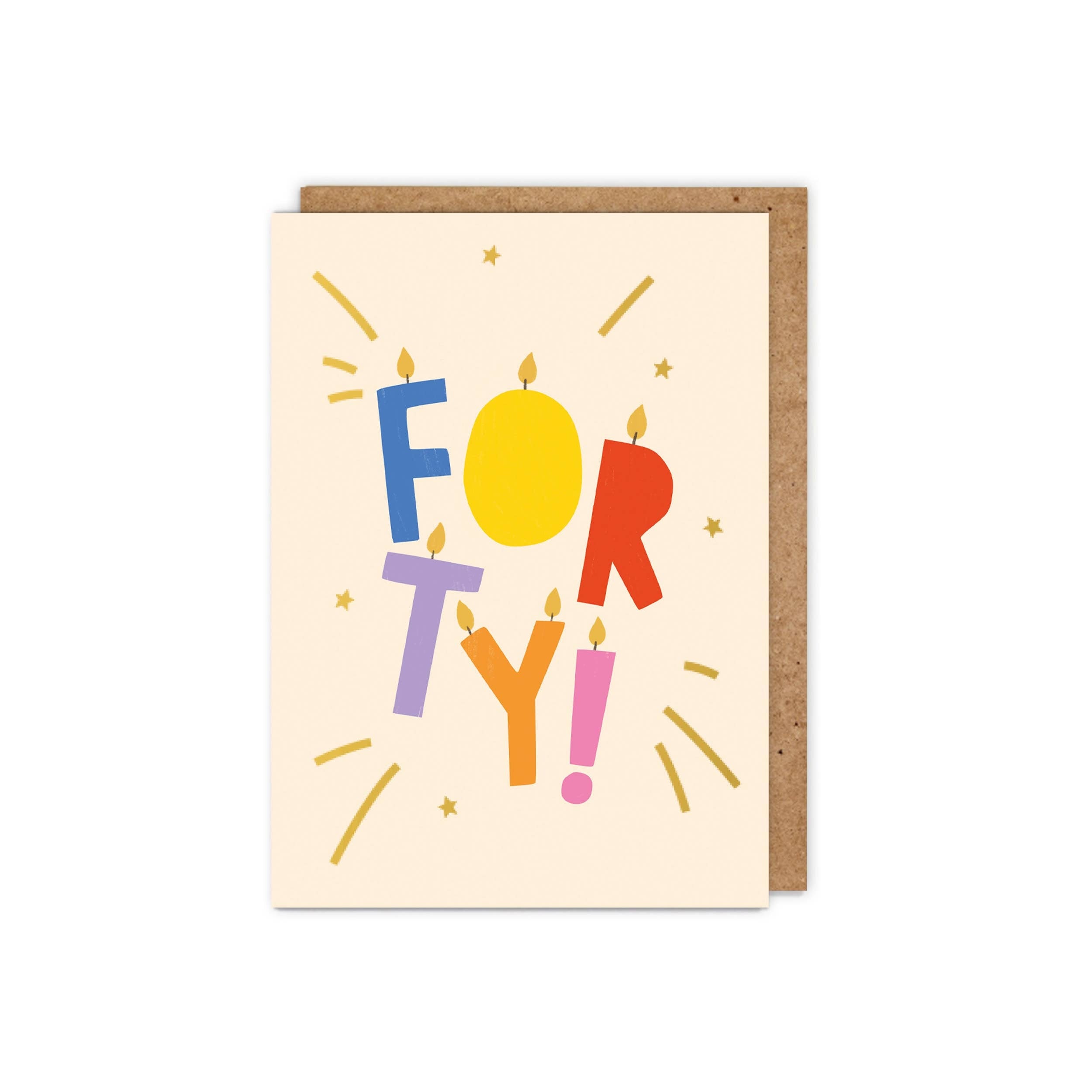 An image of a card with the text 'Forty!' in colourful letters (each letter is a candle)surrounded by gold stars.