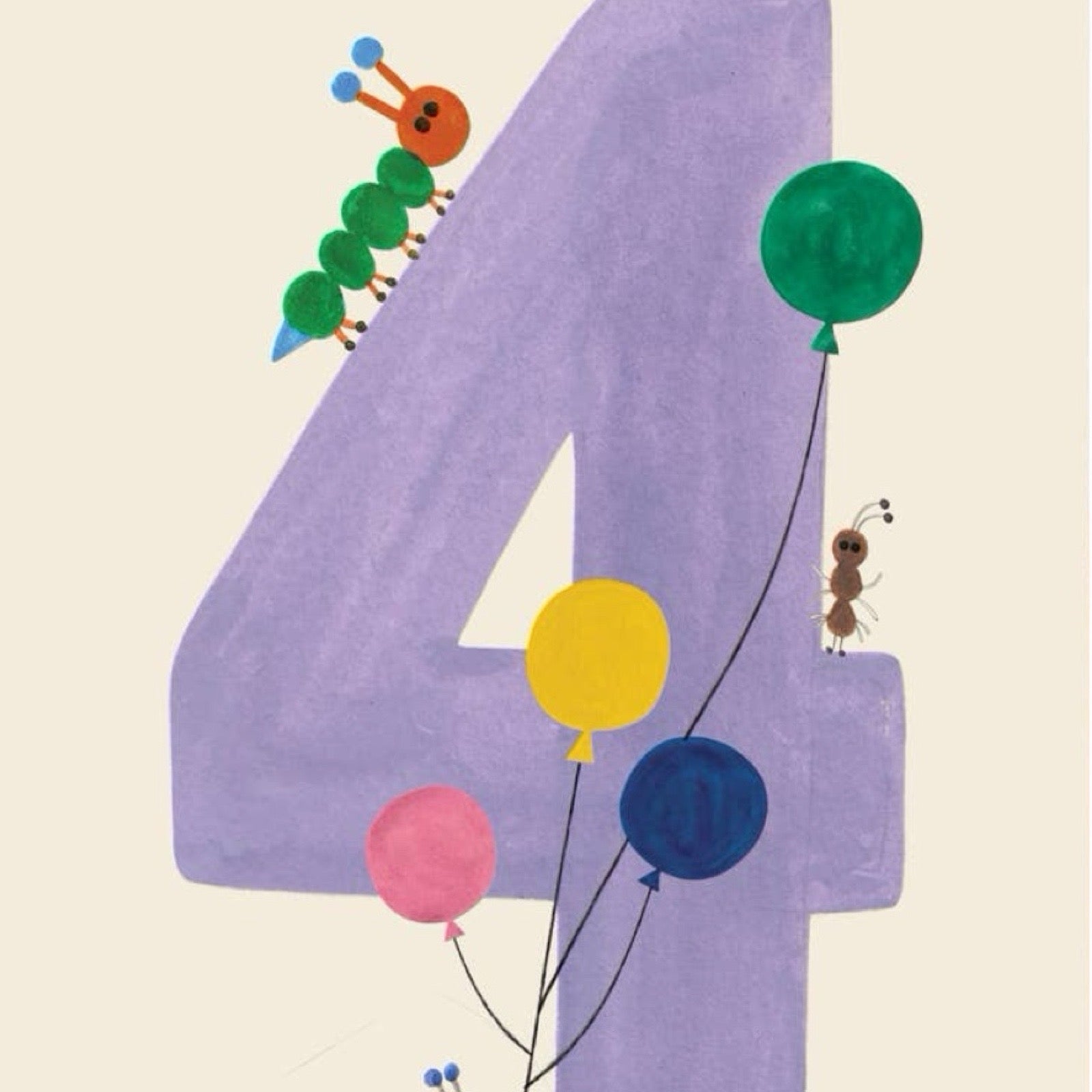 A gorgeous number 4 age card featuring a lilac 3 with cute insects and balloons.