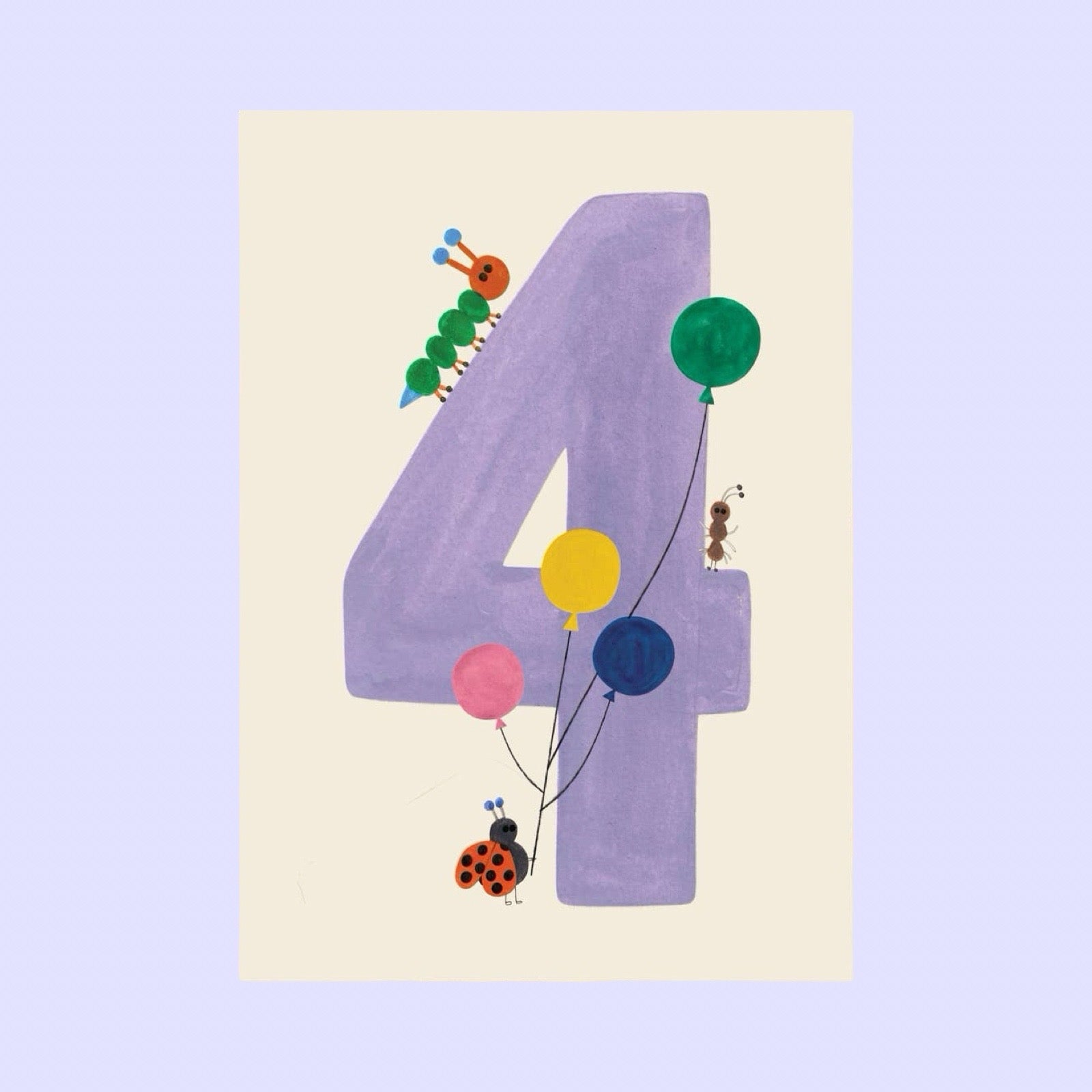 Number 4 with colourful balloons and a ladybug on a light purple background.
