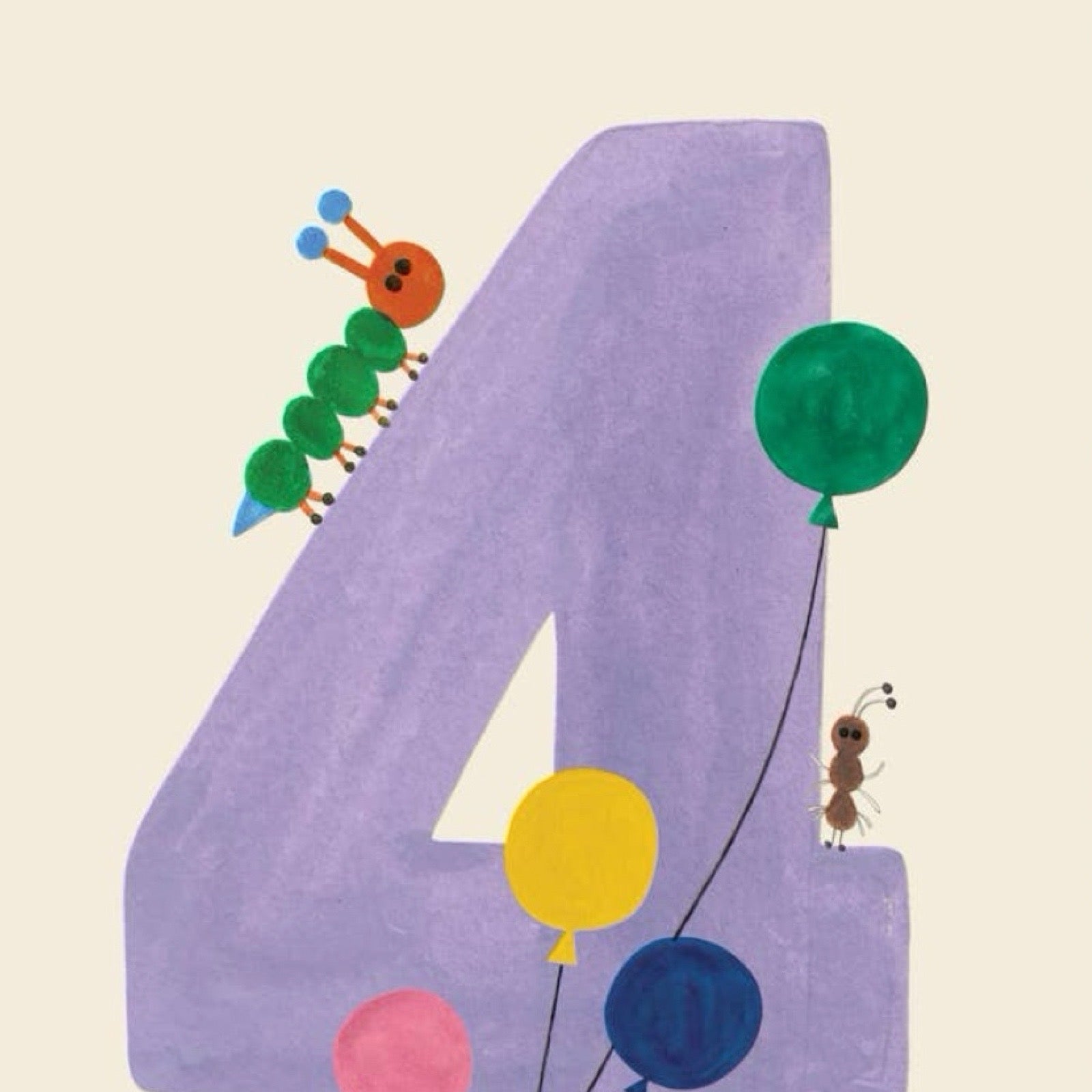 Illustration of the number 4 with a caterpillar, balloons, and an ant on a beige background.