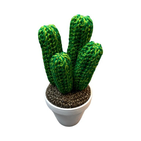 Handmade four stem large crochet cactus in a white painted terracotta pot. 