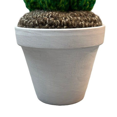 Handmade four stem large crochet cactus in a white painted terracotta pot. 