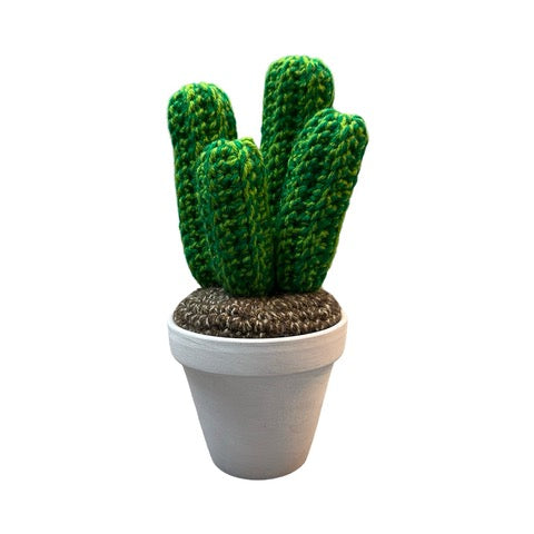 Handmade four stem large crochet cactus in a white painted terracotta pot. 
