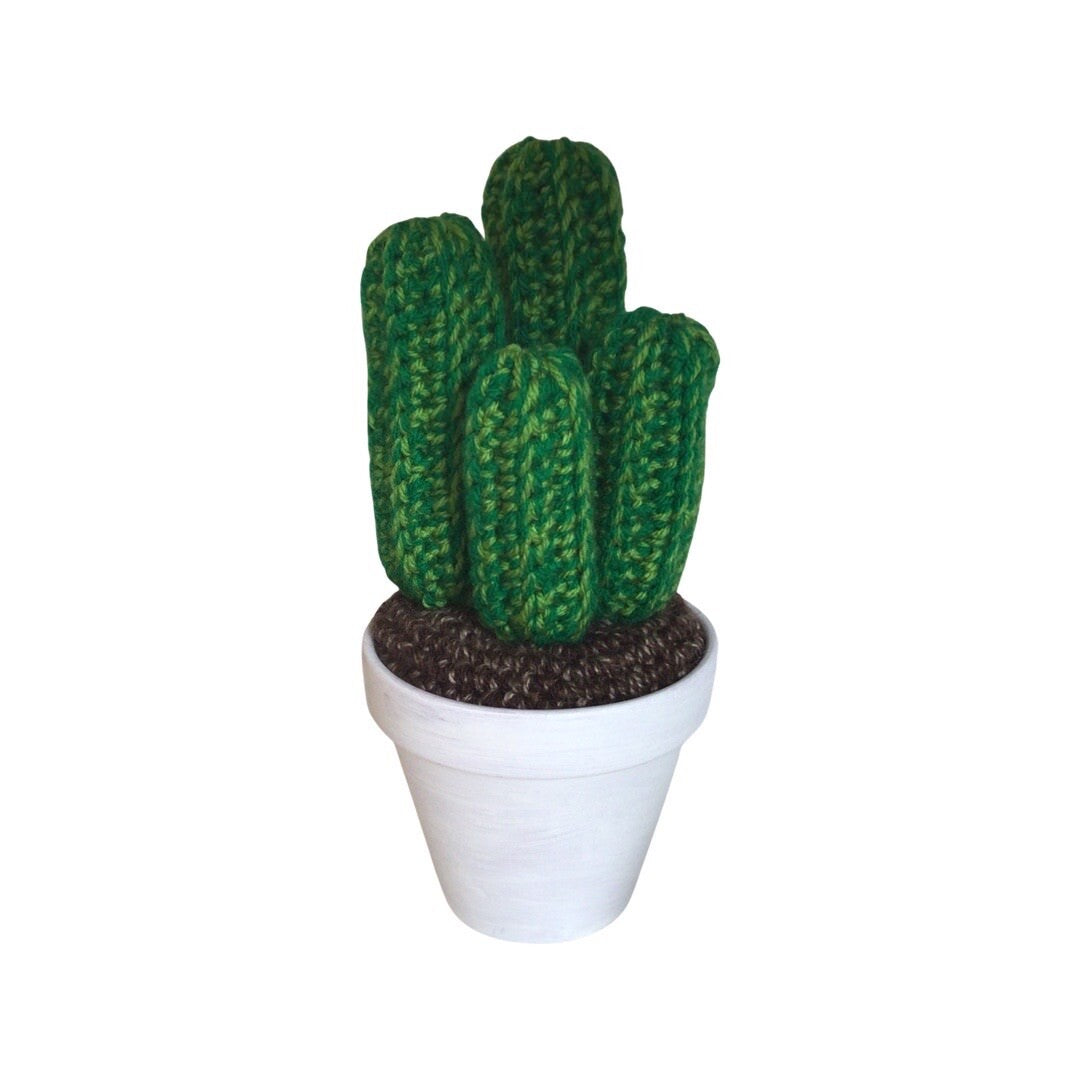 Handmade four stem large crochet cactus in a white painted terracotta pot. 