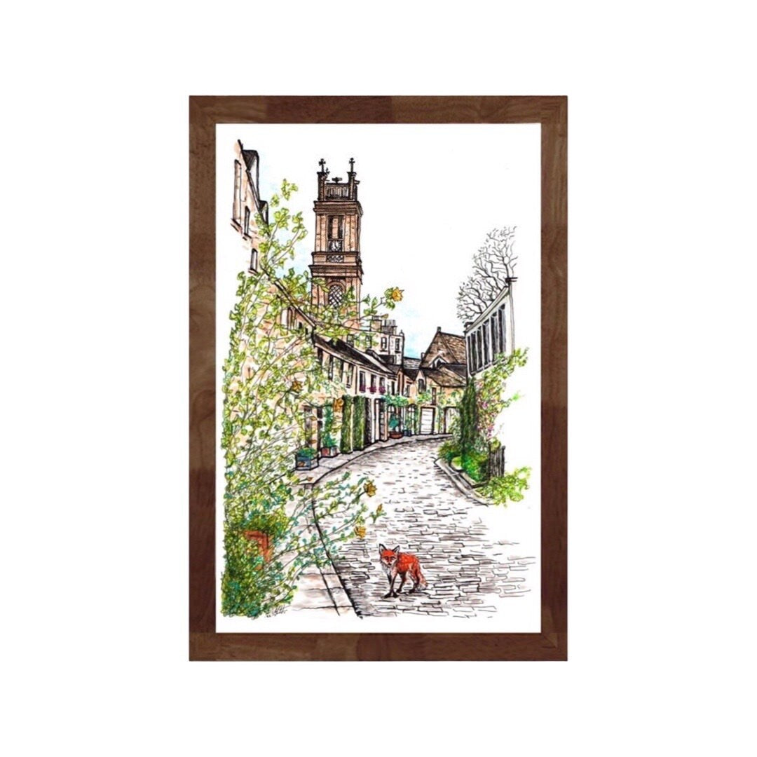 A framed illustrated print of a fox at Circus Lane.