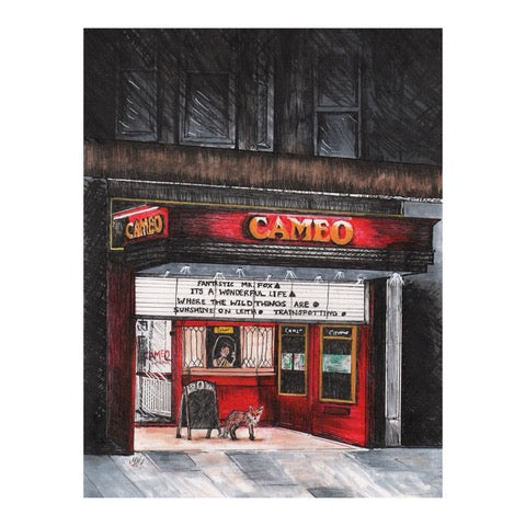 An image of a framed print showing an illustration of a fox outside the Cameo cinema in Edinburgh.