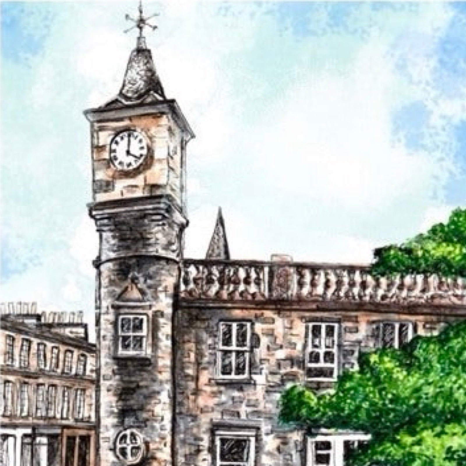 A beautifully illustrated print of a pair of foxes at the bottom of the steps below the clock tower in Stockbridge, Edinburgh. 