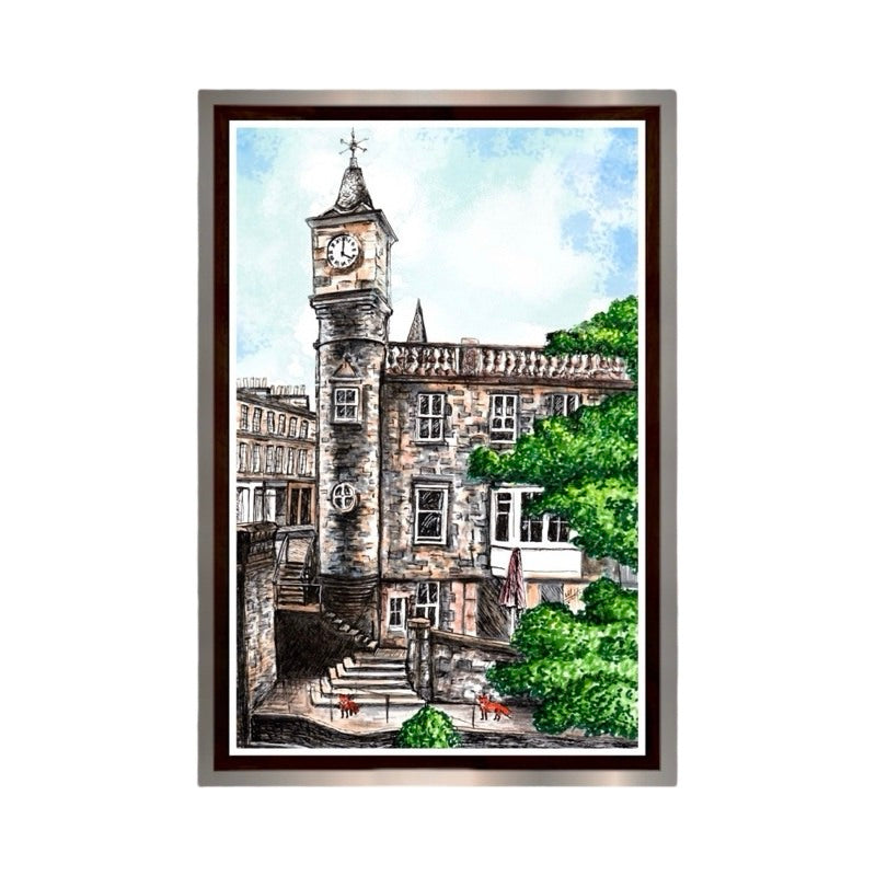 A beautifully illustrated print of a pair of foxes at the bottom of the steps below the clock tower in Stockbridge, Edinburgh. 