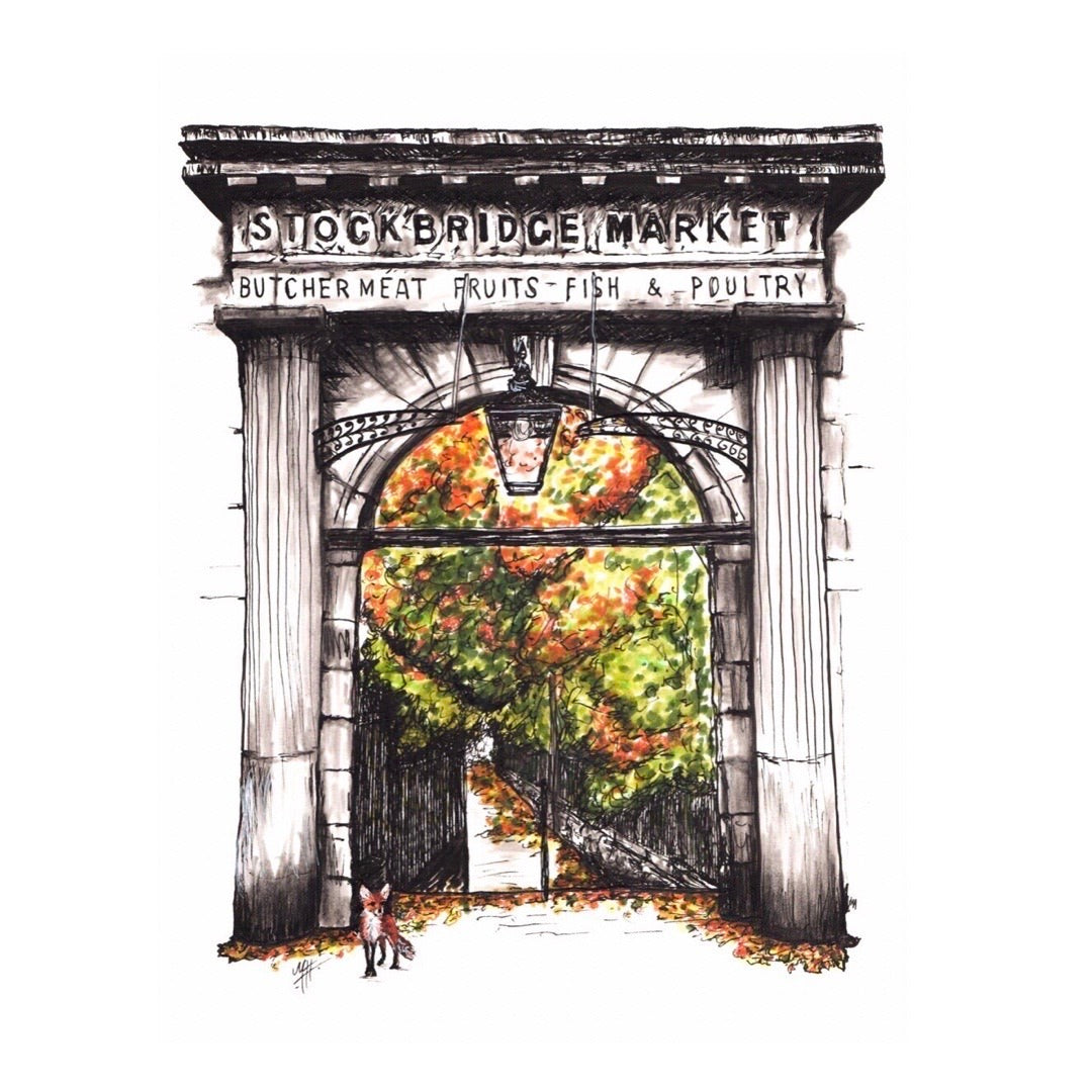 An illustrated print of a fox in front of the Old Stockbridge Market Arch at St Stephen Place, Stockbridge in Edinburgh.