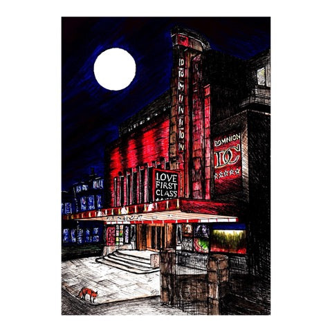 An illustrated print of a fox outside the Dominion Cinema in Edinburgh. 