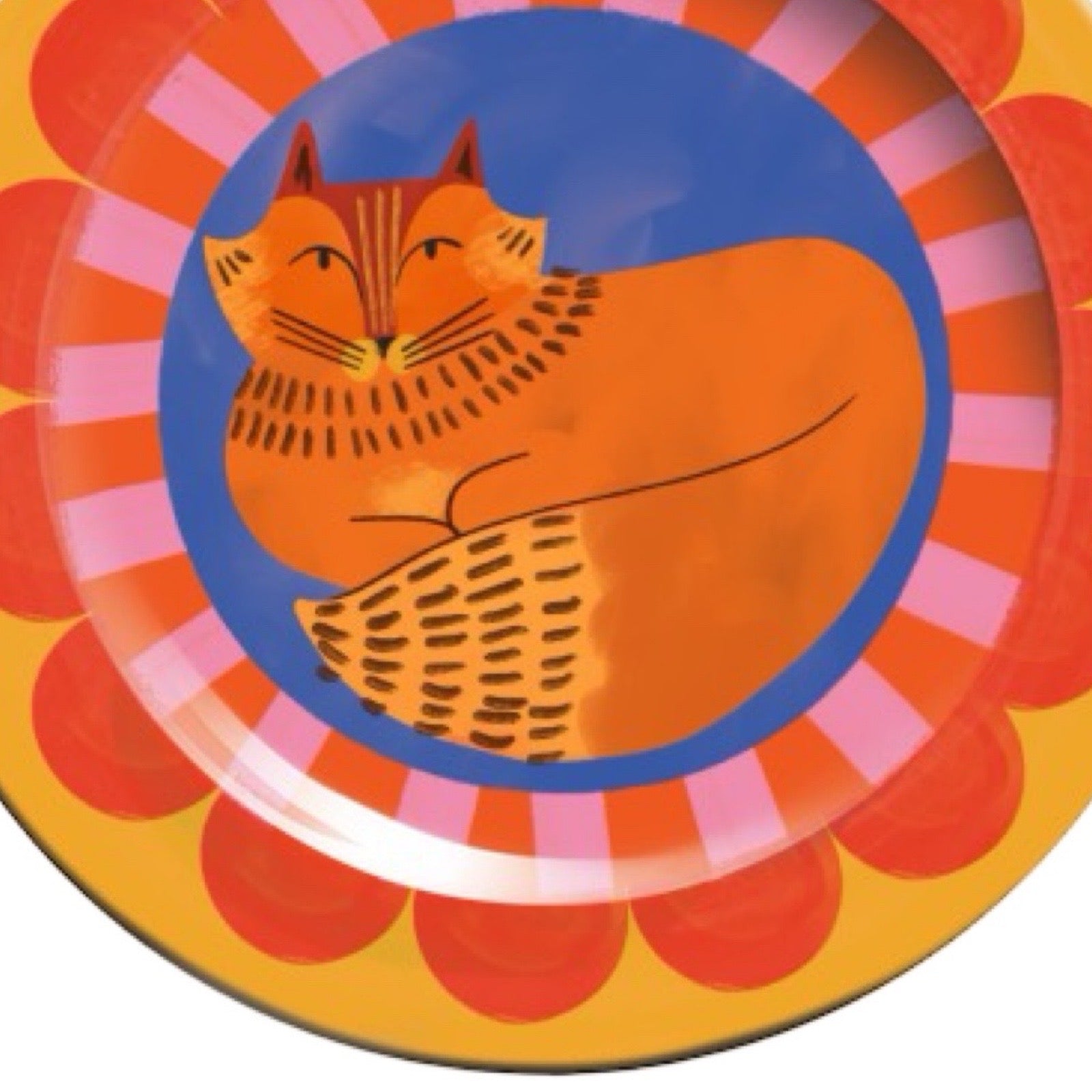 Colourful plate with a cat design on a white background.